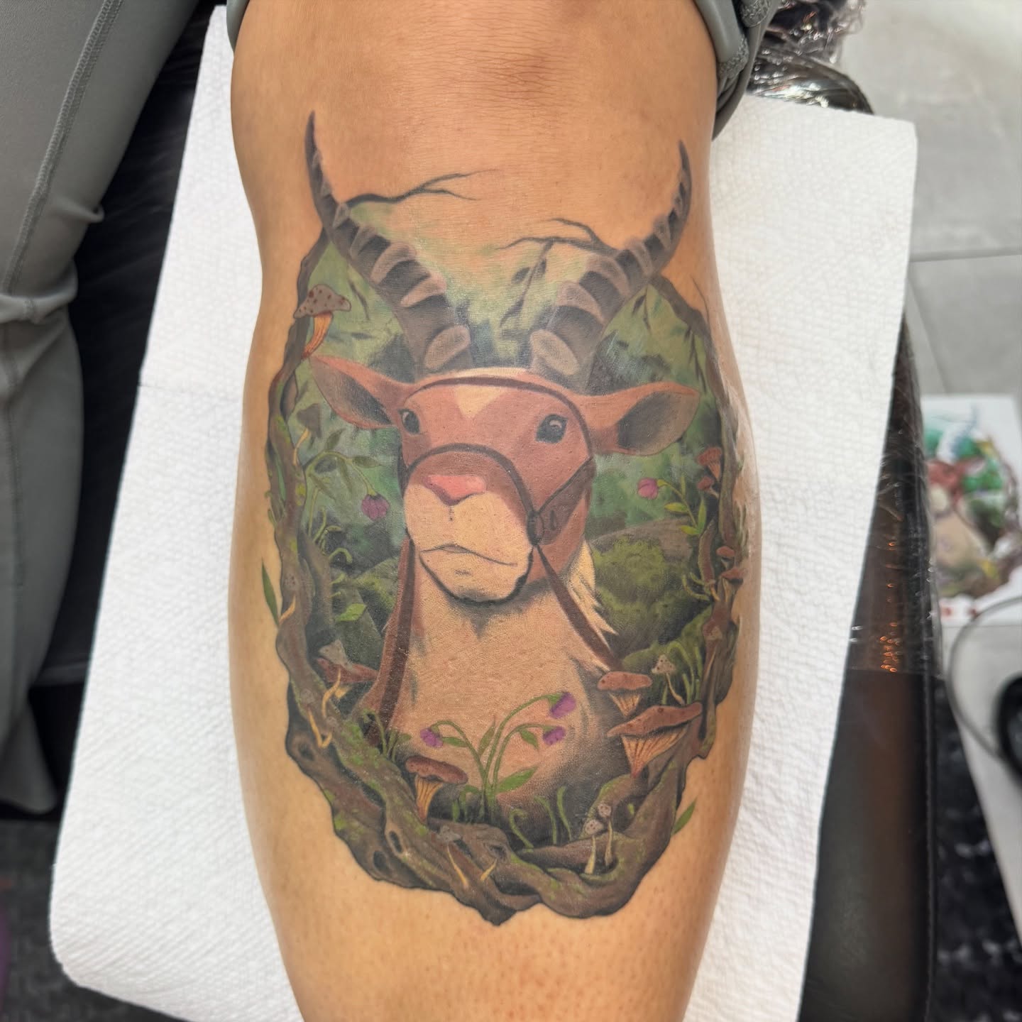 Antelope in forest realism tattoo on the forearm by James Howell