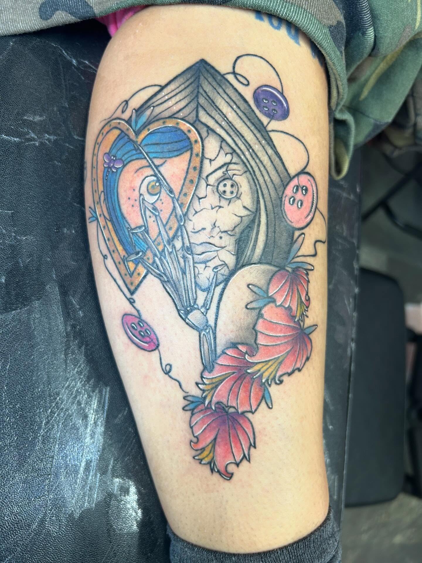 Abstract mechanical heart geometric tattoo on the thigh by Big Mar, Rocky Hill, Connecticut