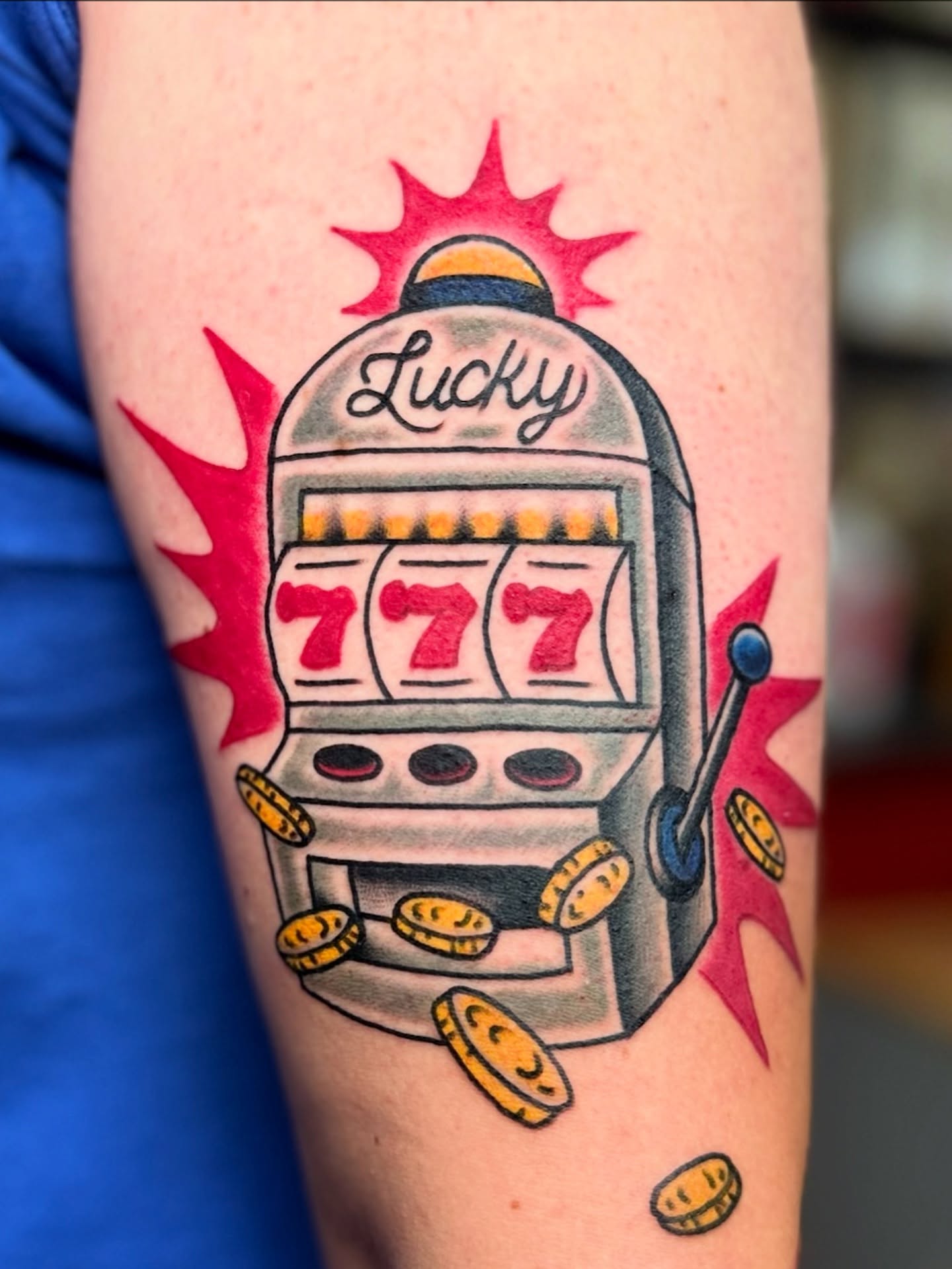 Slot machine American traditional tattoo on the forearm by Bre