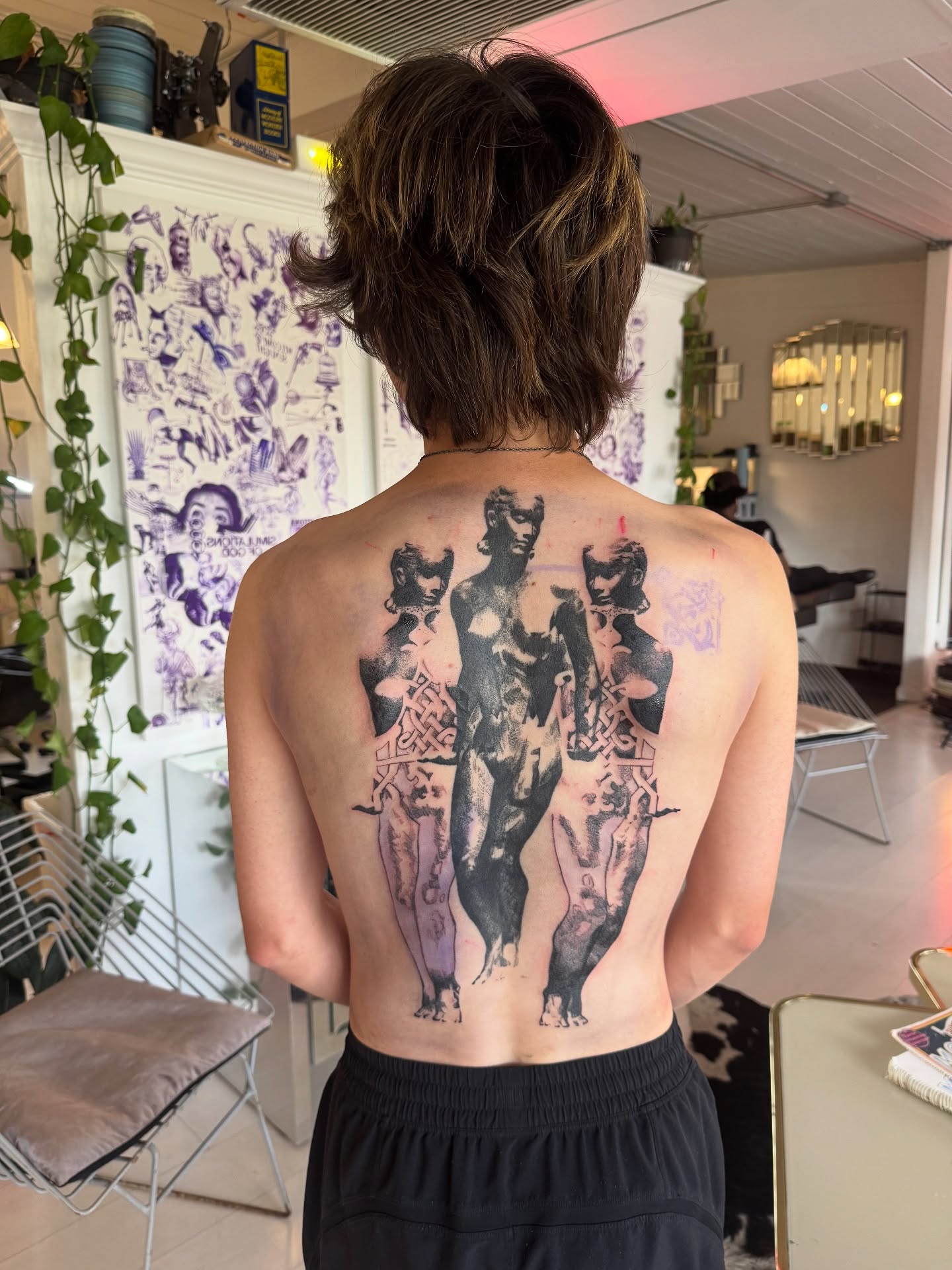 Three women black and grey tattoo on the back by Zanereti