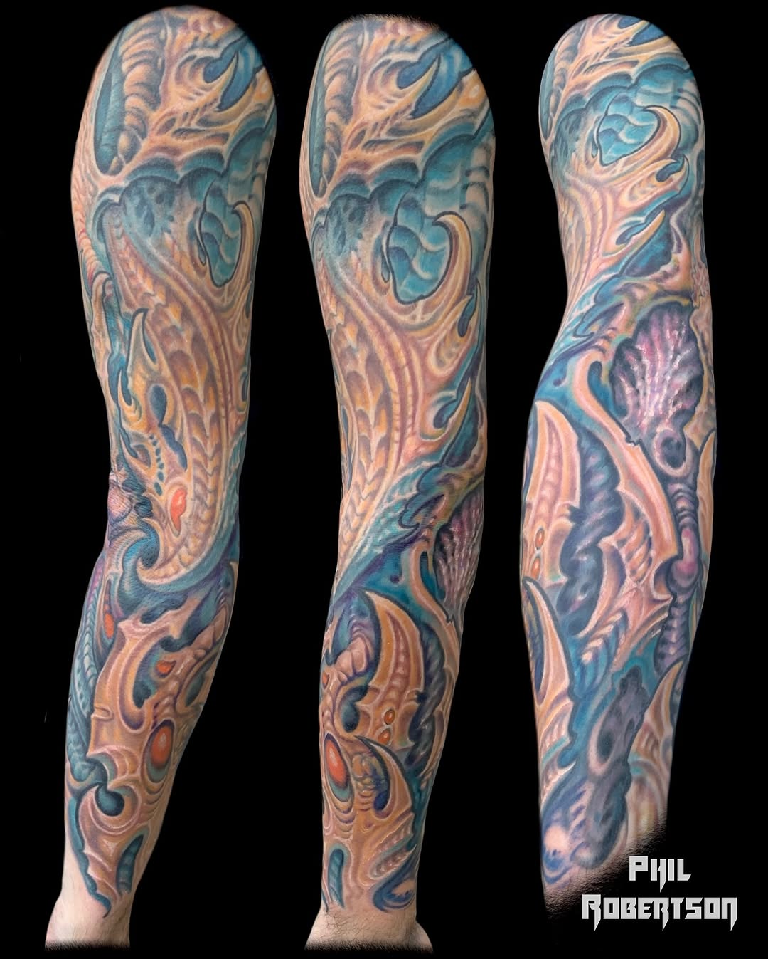 Biomechanical sleeve biomech tattoo on the forearm by Phil Robertson
