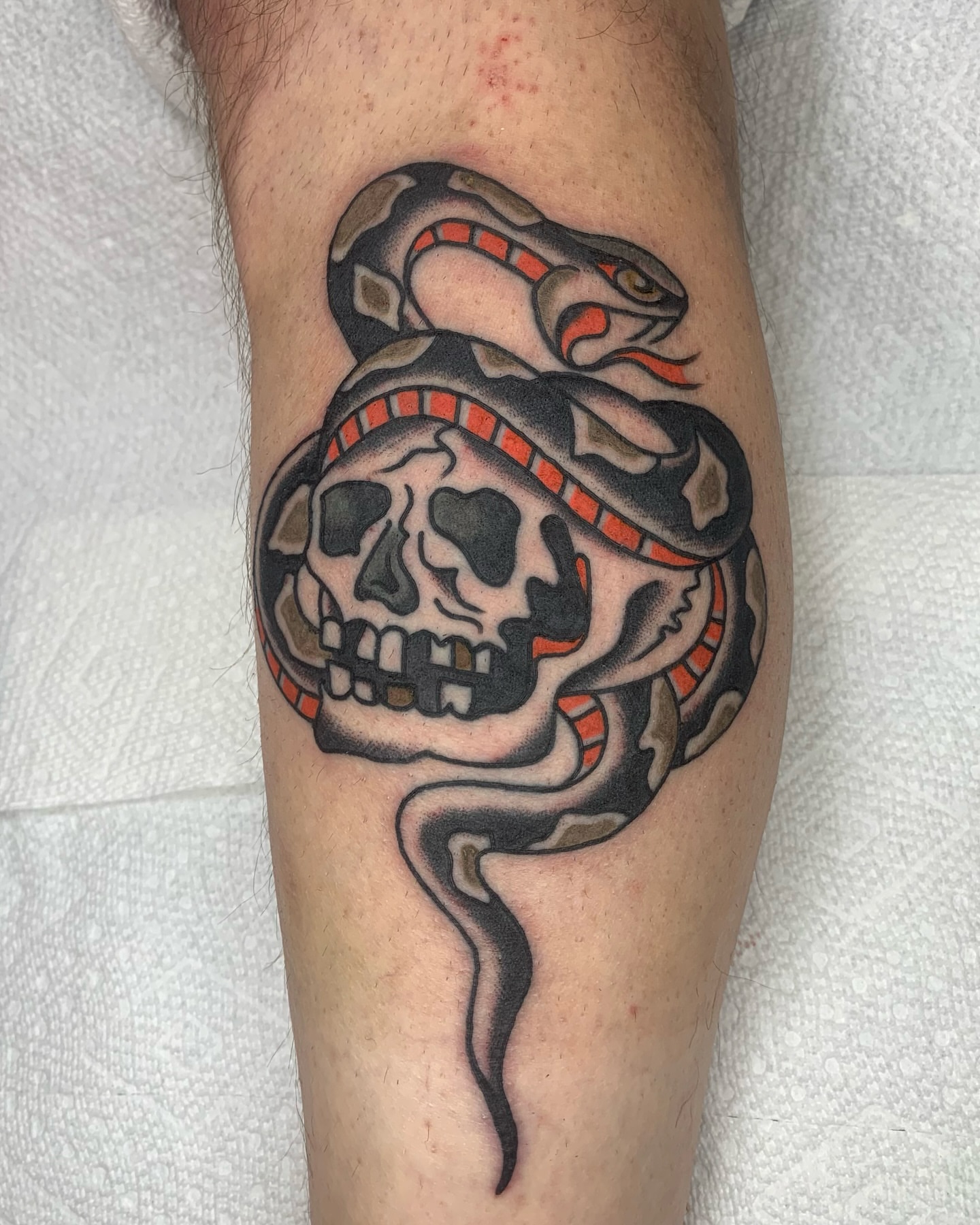Snake and skull American traditional tattoo on the forearm by Charlie Dunkel Tattoo