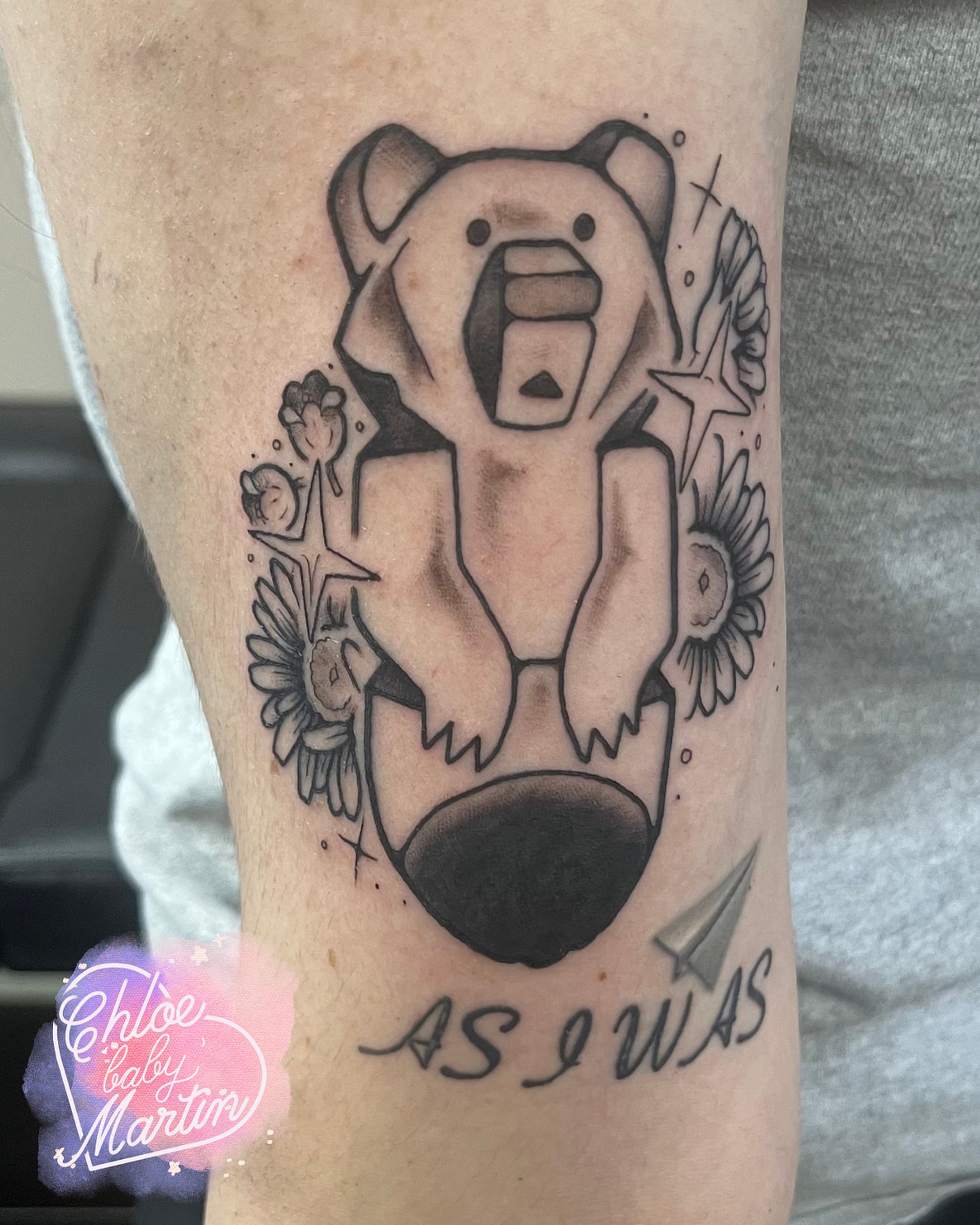 Bear black and grey tattoo on the forearm by Chloe ‘baby’ Martin