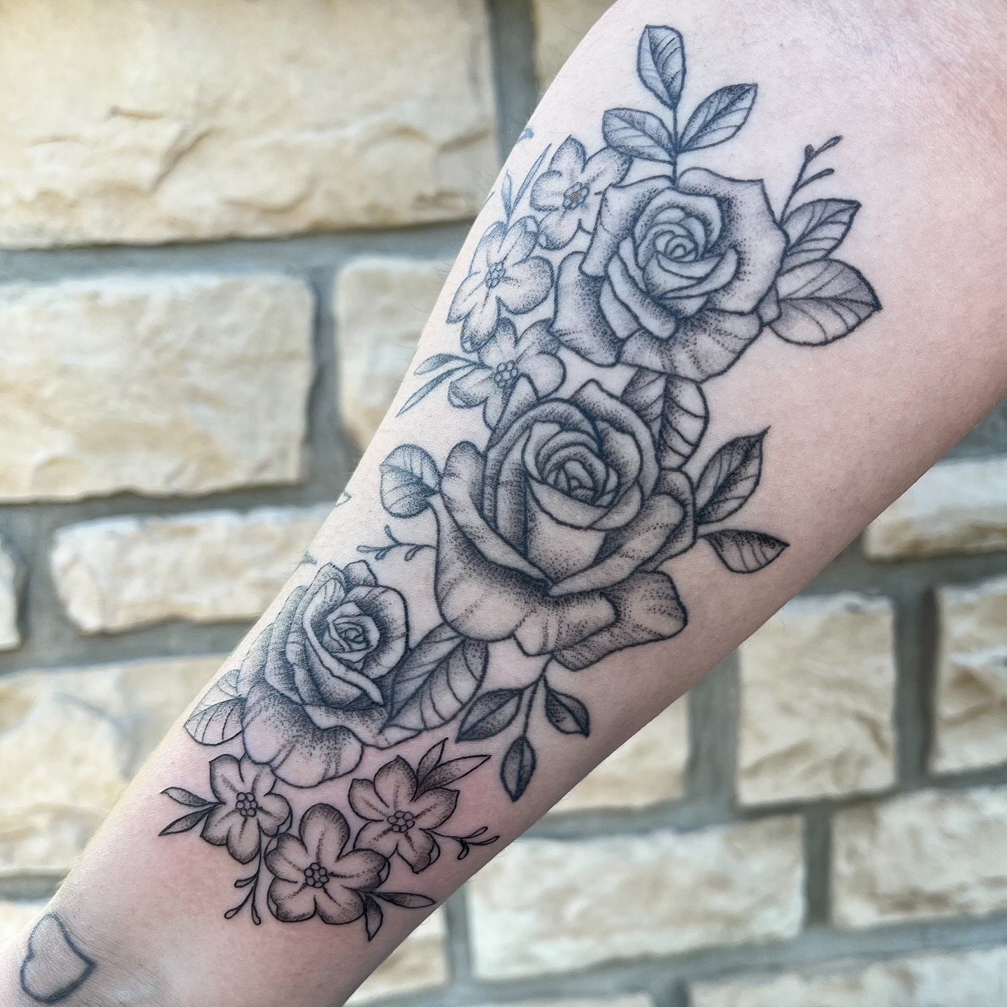 Roses dotwork tattoo on the forearm by Tina Petrullo, West Chester Township, Butler County, Ohio