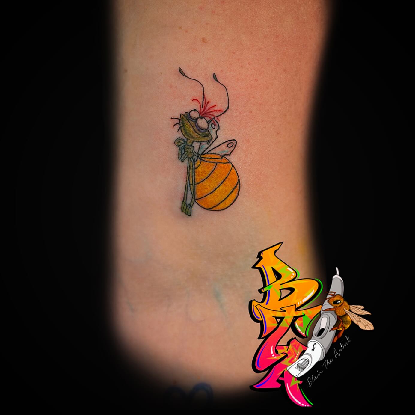 Bee new school tattoo on the forearm by Blair The Artist!