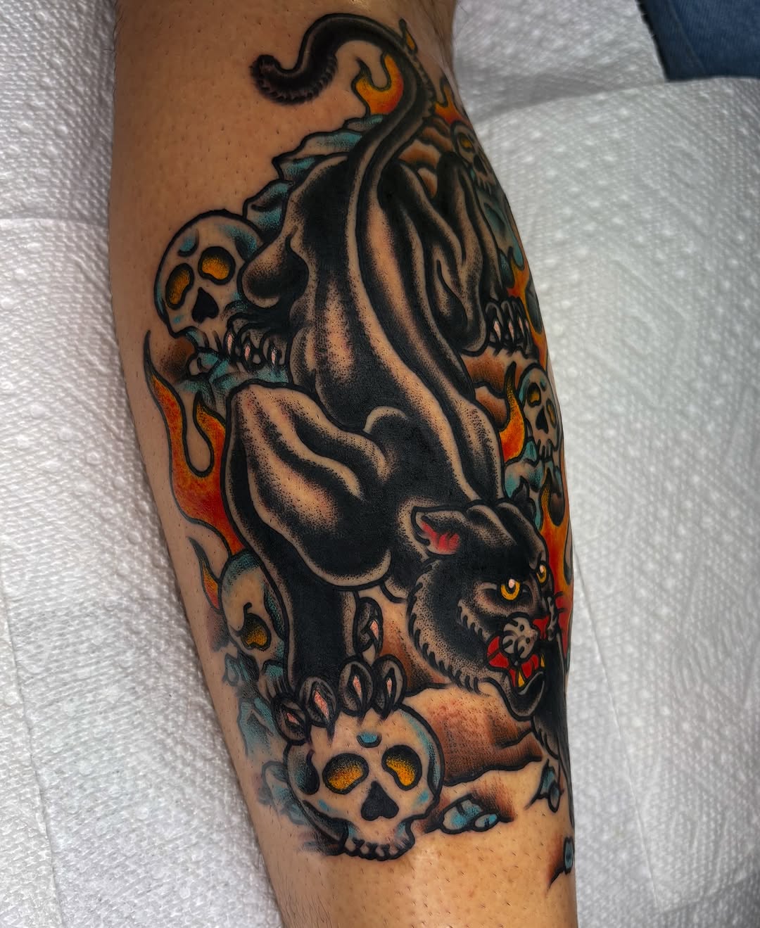 Panther and skulls realism tattoo on the forearm by ✨ Gabi ✨