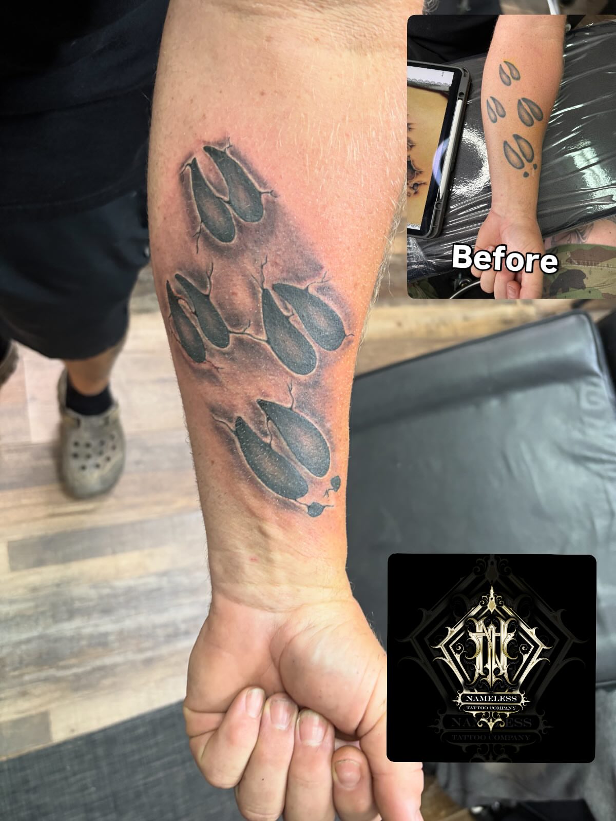 Animal tracks black and grey tattoo on the forearm by AJ