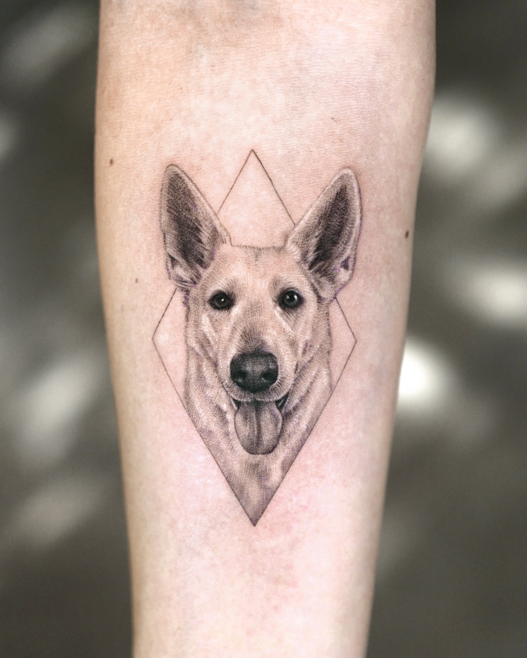 Dog realism tattoo on the forearm by Ria Kim 김리아