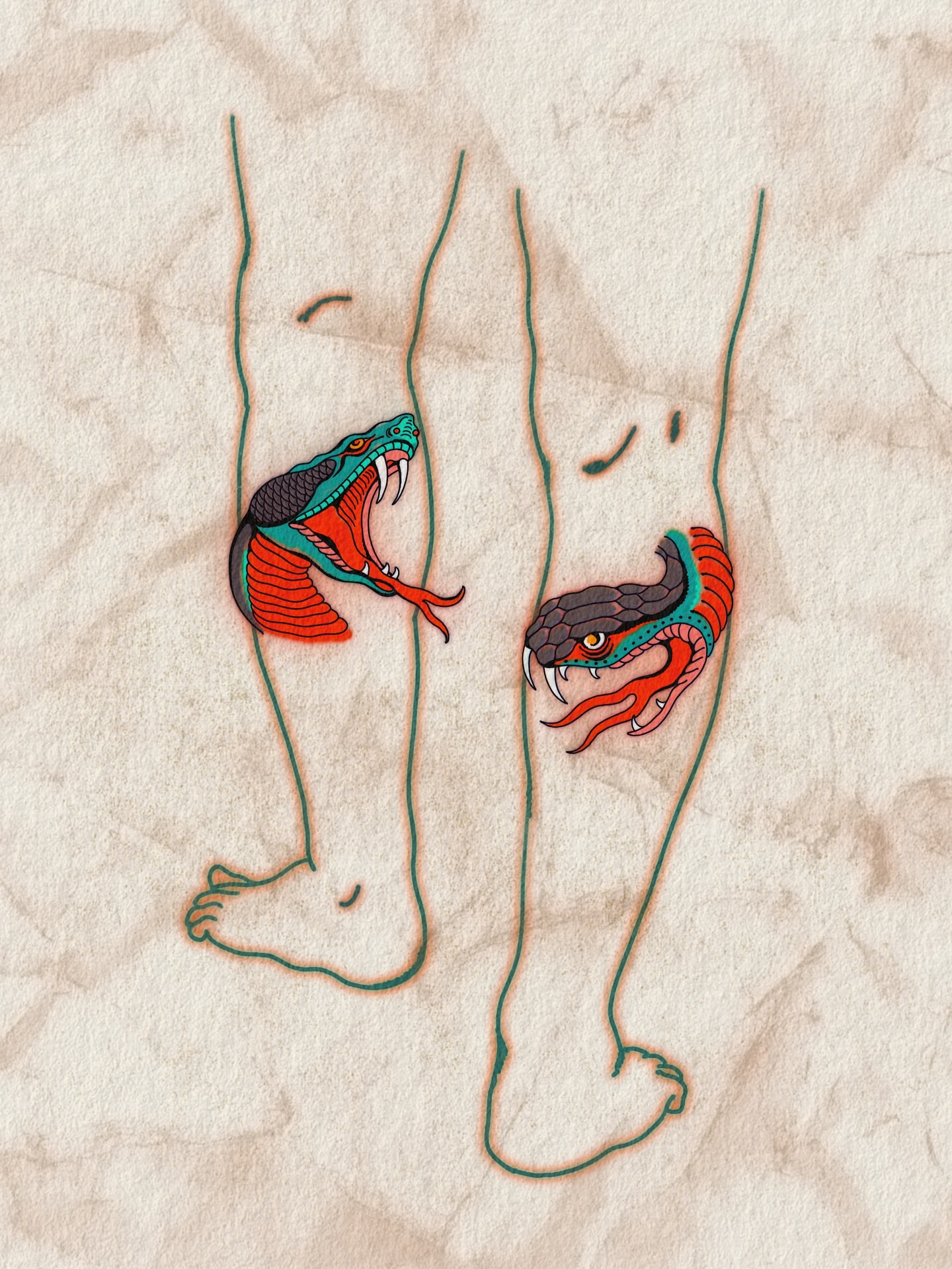 Snakes American traditional tattoo on the leg by superteal