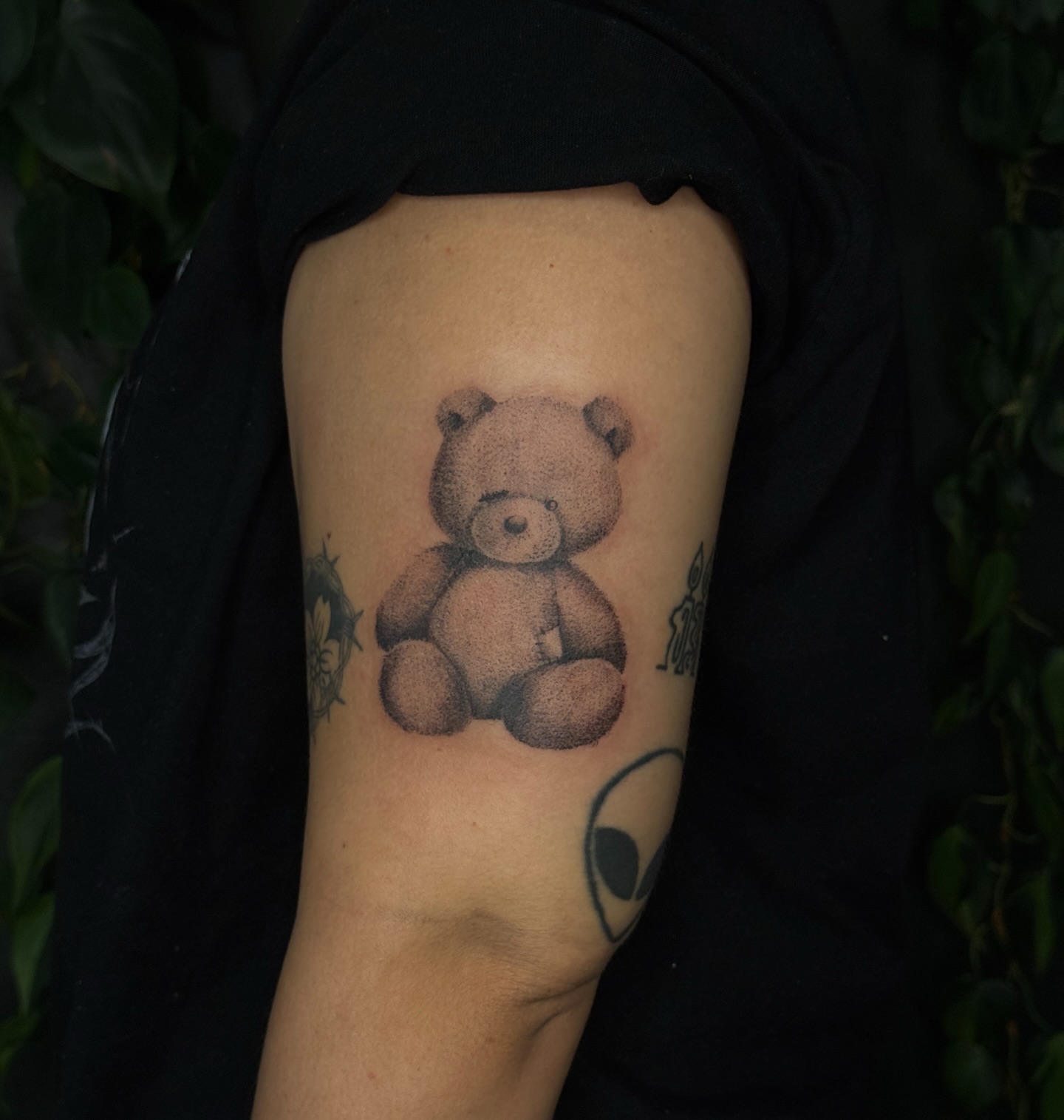 Teddy bear dotwork tattoo on the forearm by šianca٠࣪ā