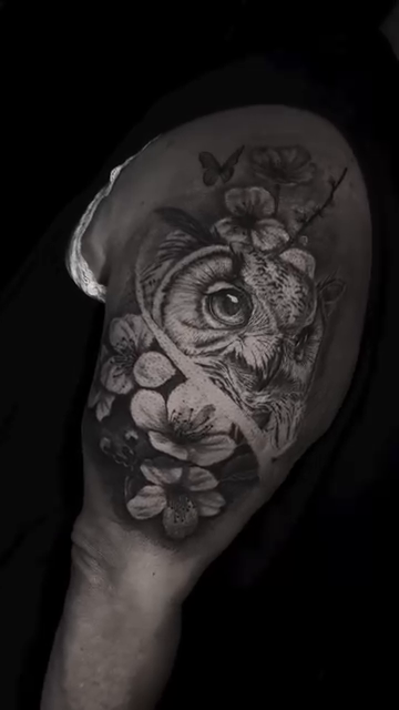 Owl and flowers realism tattoo by Romi Utah Tattoo