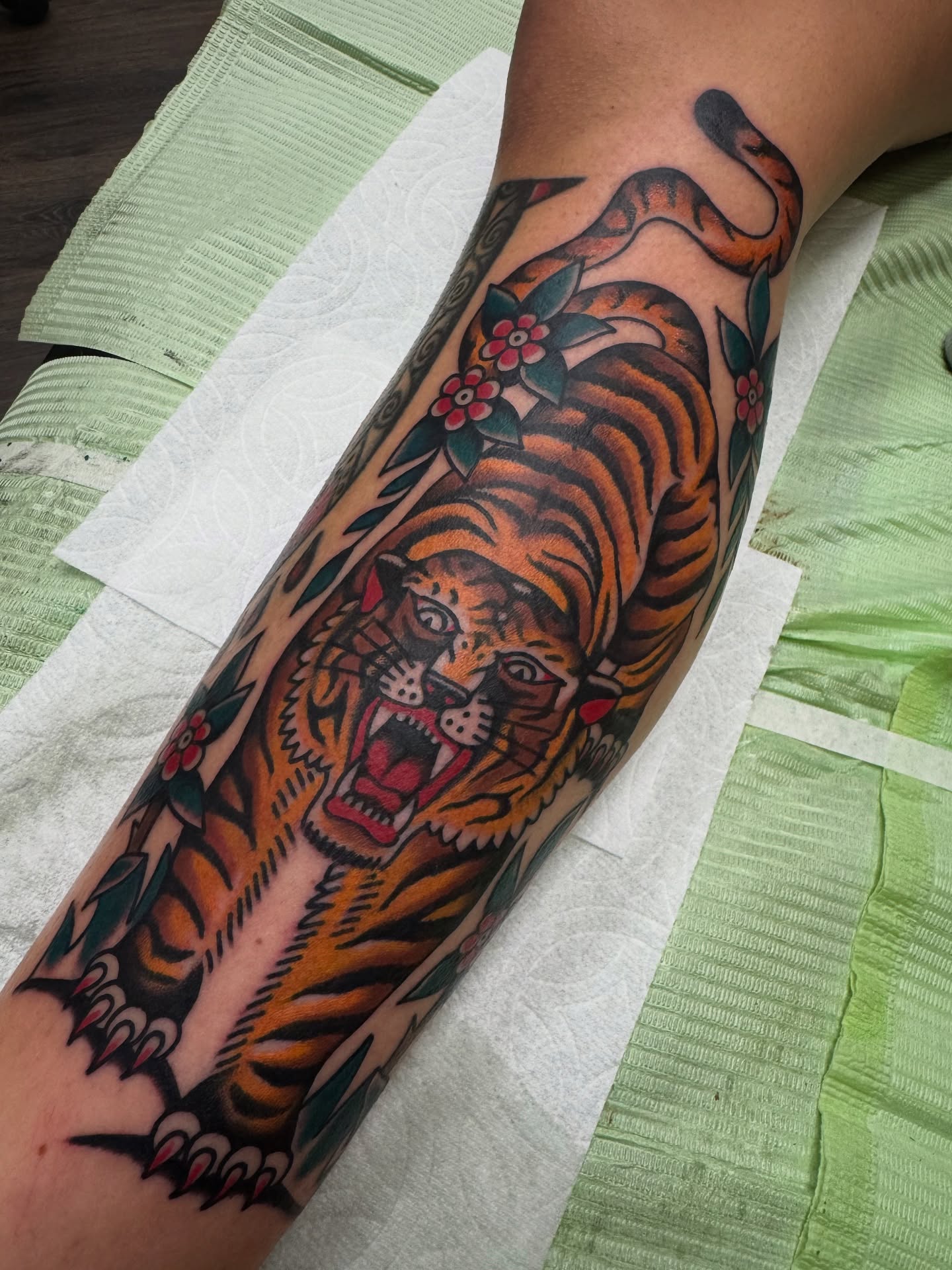 Tiger American traditional tattoo on the forearm by Rogelio Robles
