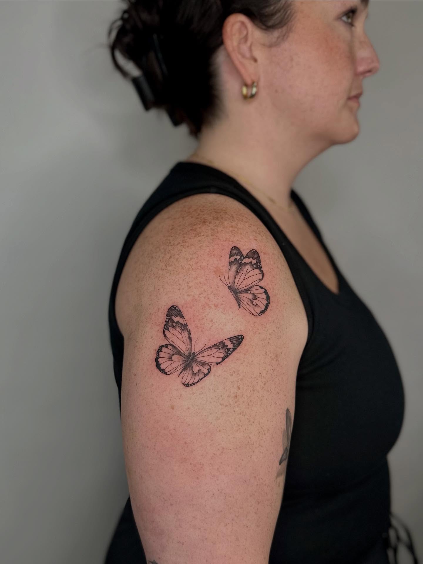 Butterflies realism tattoo on the shoulder by 🌼Kristen Kooster Tattoos🌼
