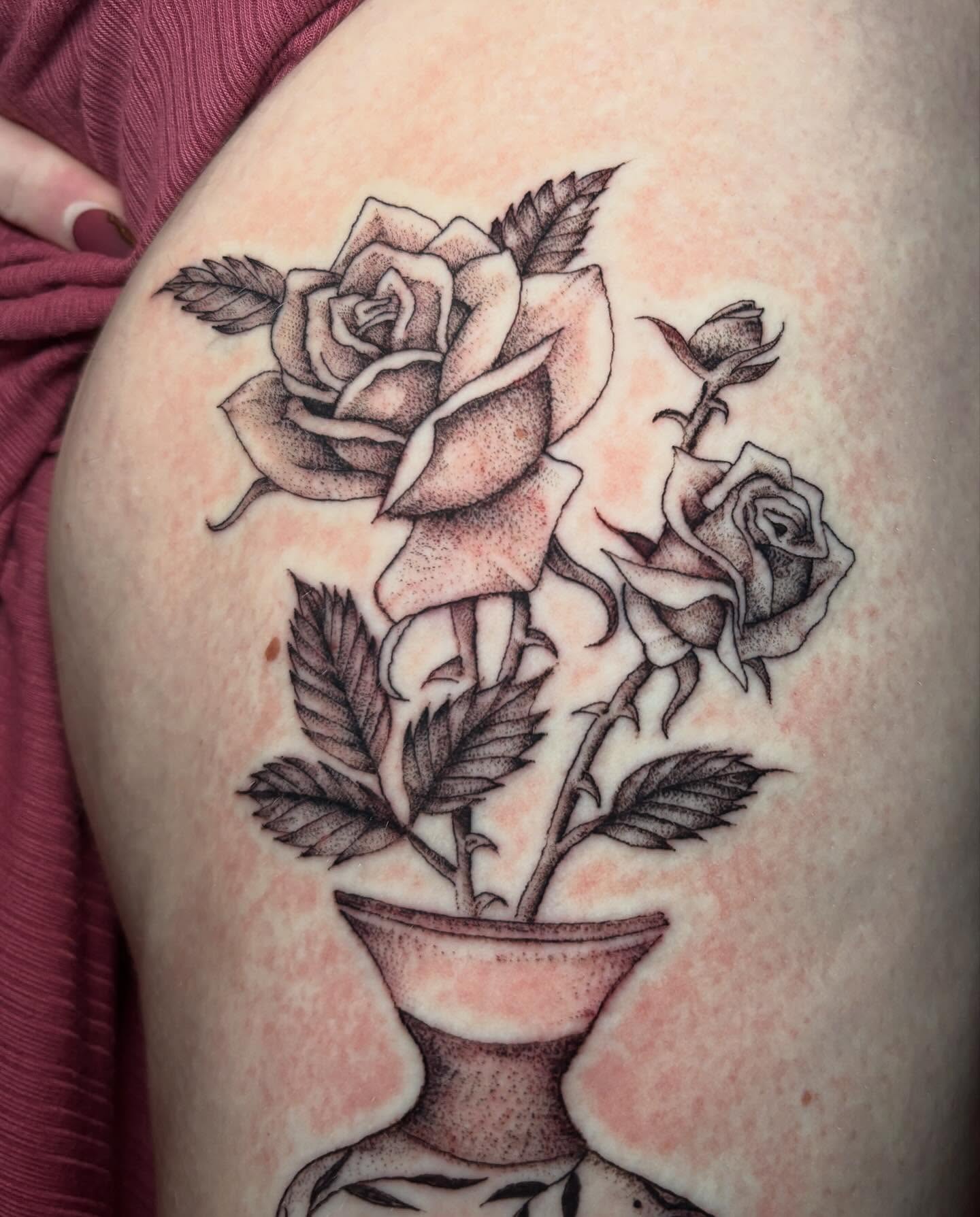 Roses in vase dotwork tattoo on the shoulder by l i z ✶