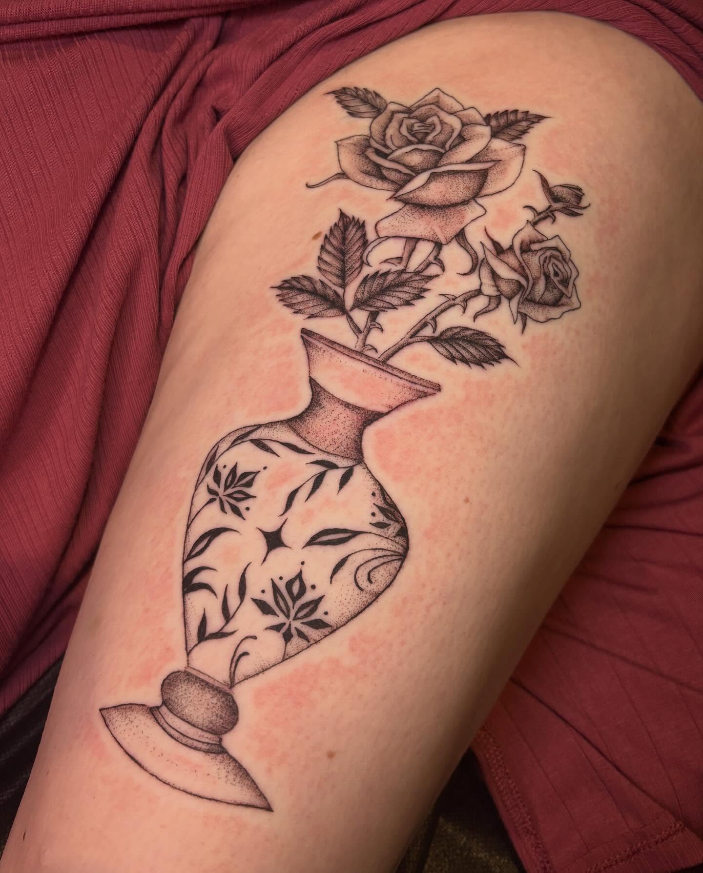 Vase with roses dotwork tattoo on the thigh by l i z ✶