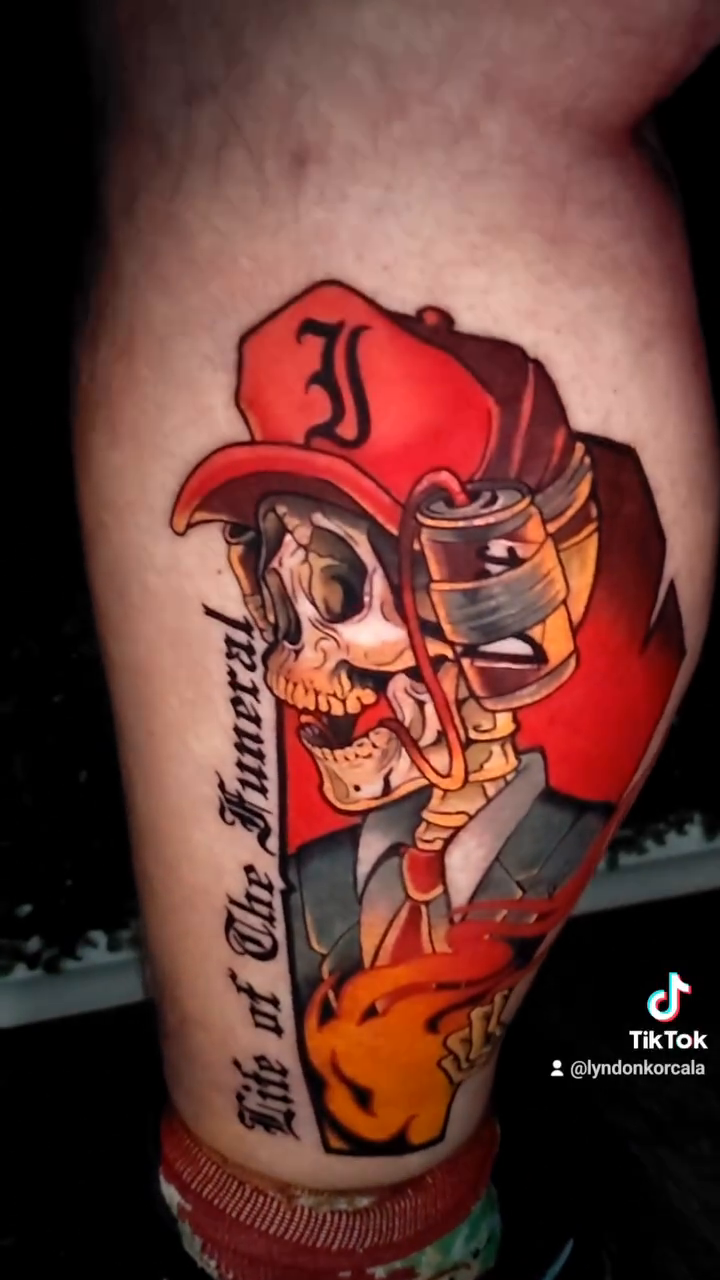 Skeletons in hats with text American traditional tattoo on the forearm by Lyndon Korcala 数