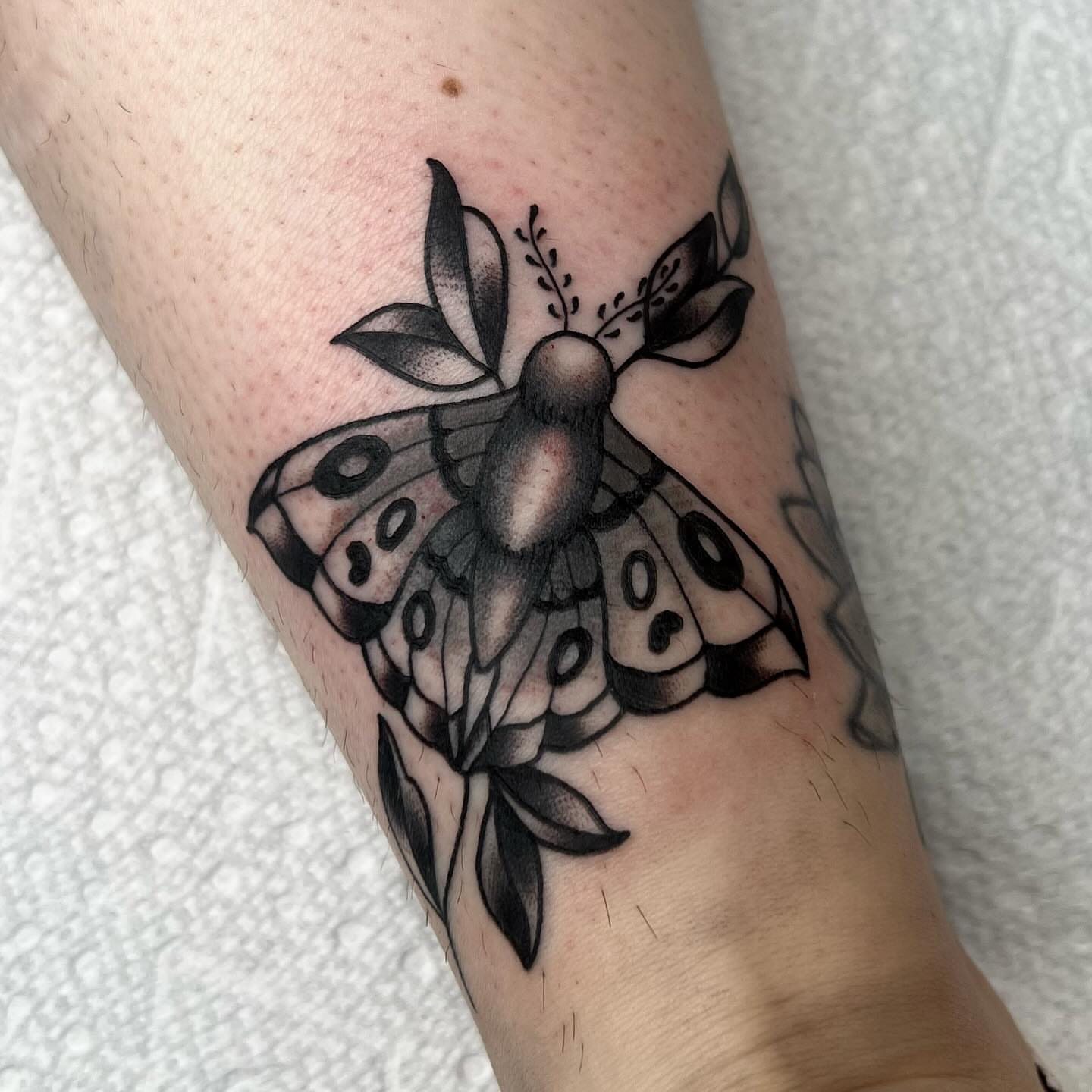Butterfly black and grey tattoo on the forearm by Kahlan ⍟