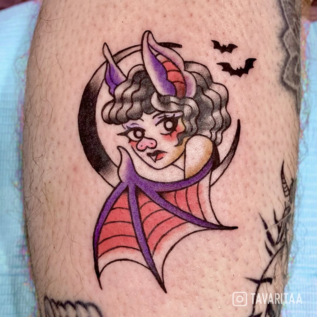 Female devil American traditional tattoo on the forearm by Tavarita