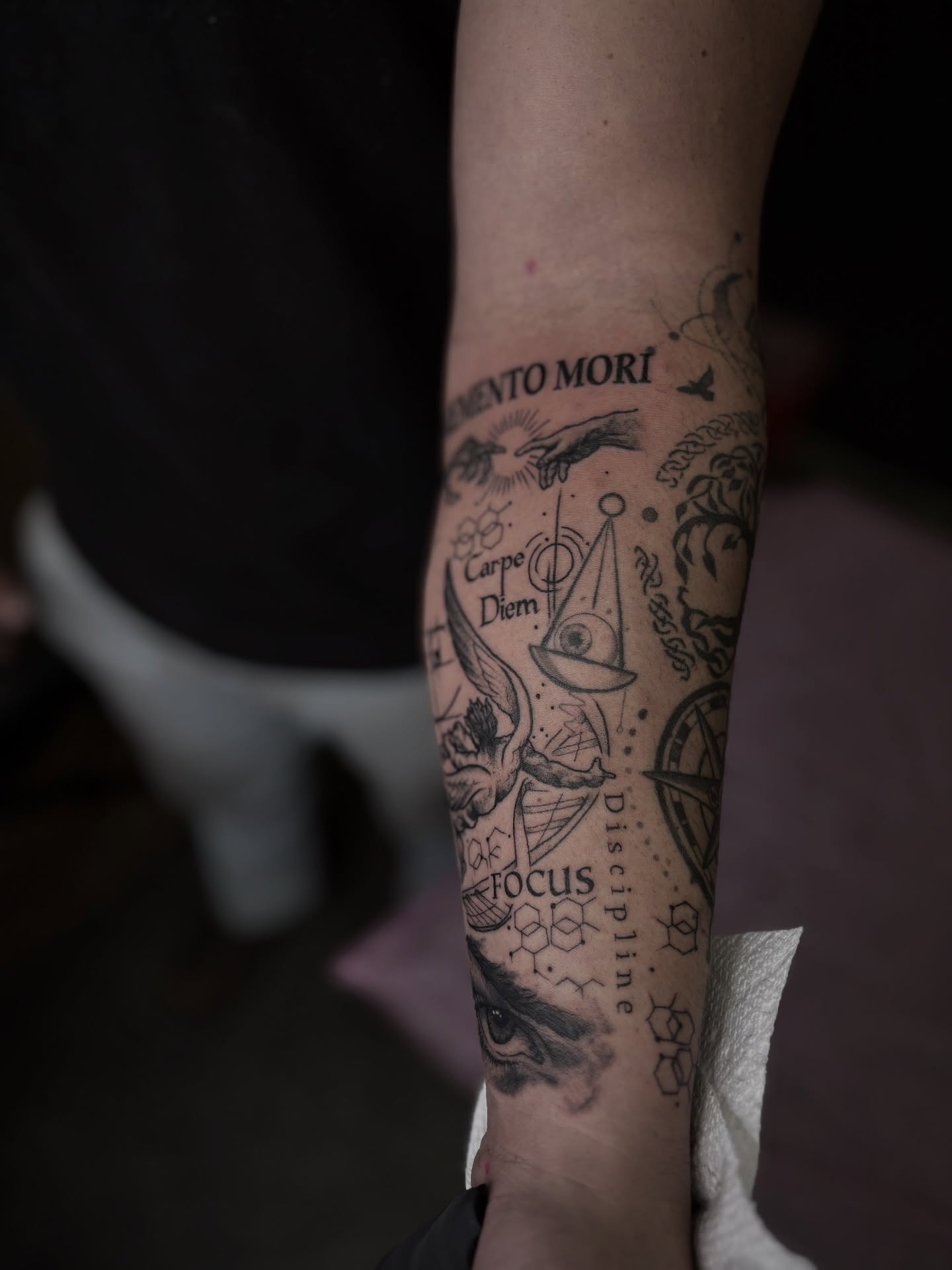 Memento mori black and grey tattoo on the forearm by ✩ 🕯️☾༺♰ gracey ༻☽🕯️✩