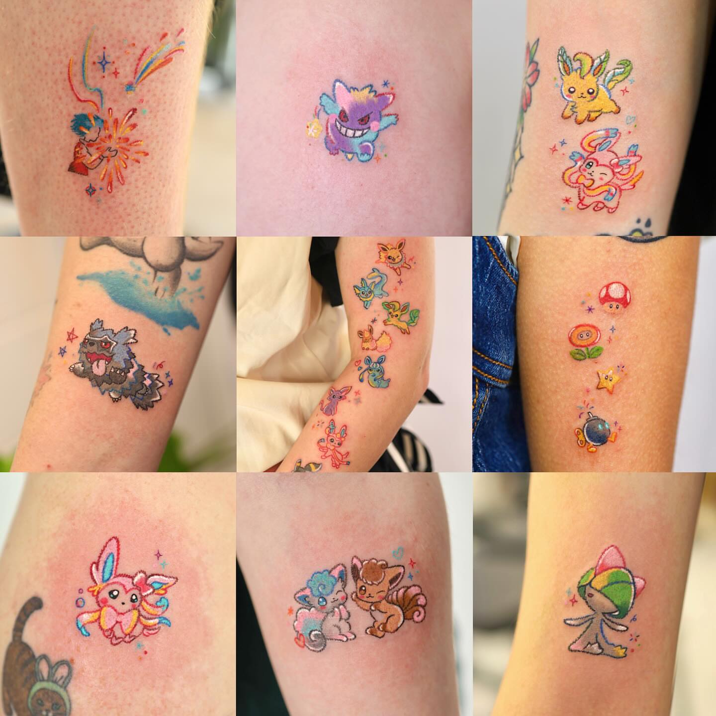 Pokémon characters watercolor tattoo on the forearm by Kettle🤍케틀