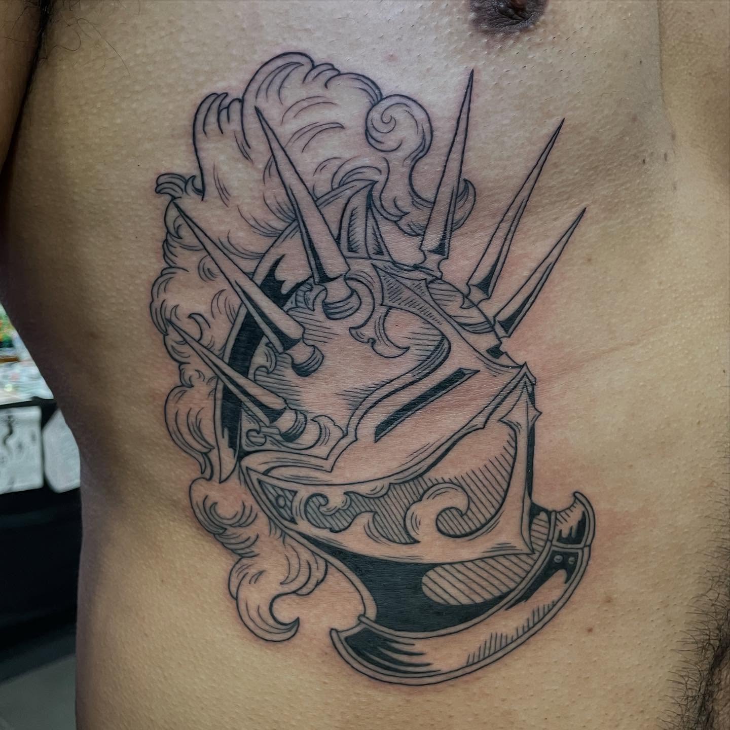 Ship black and grey tattoo on the ribs by Lake Stephens, Richmond, Virginia