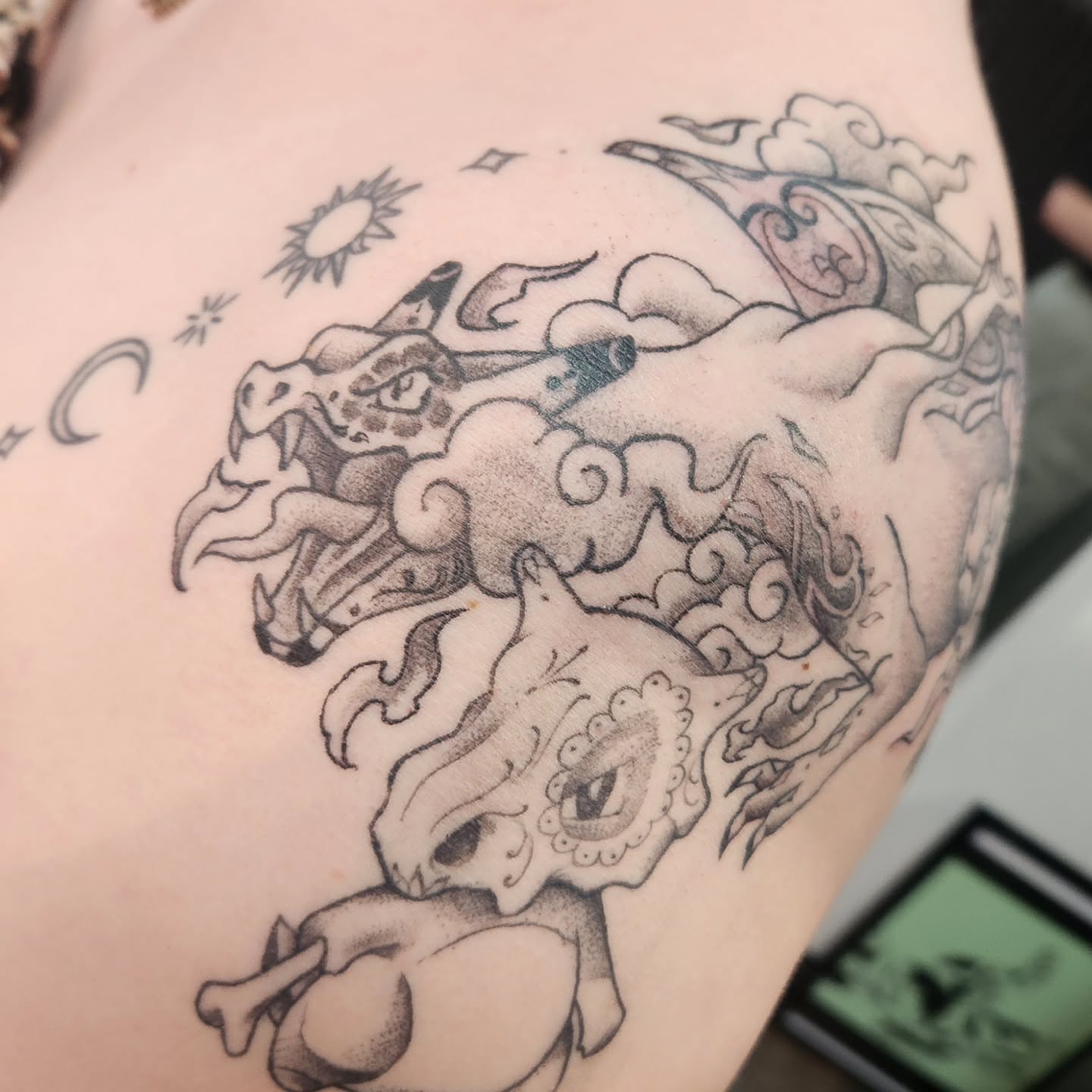 Mythical creature dotwork tattoo on the shoulder by Samantha Von Zombia, Saint Paul, Minnesota