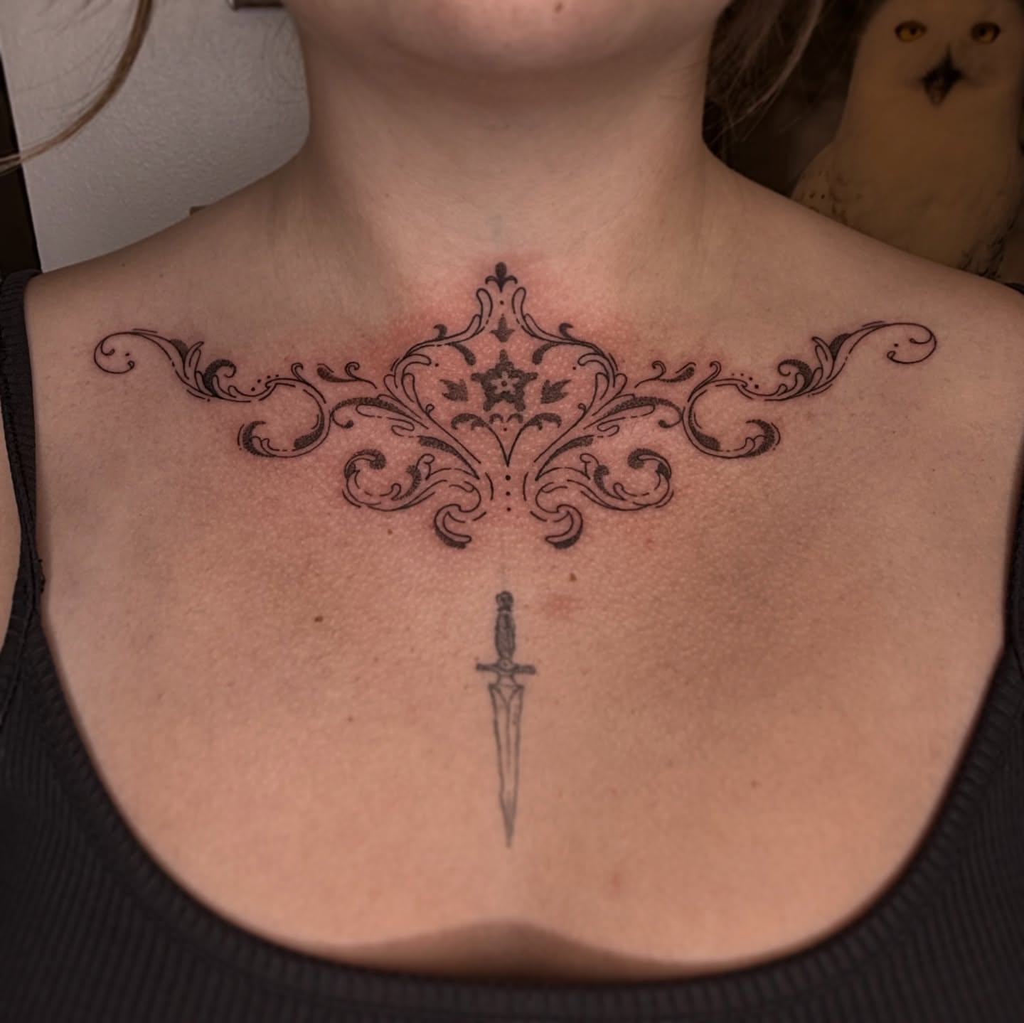 Ornamental design ornamental tattoo on the chest by Eden H., Columbus, Ohio