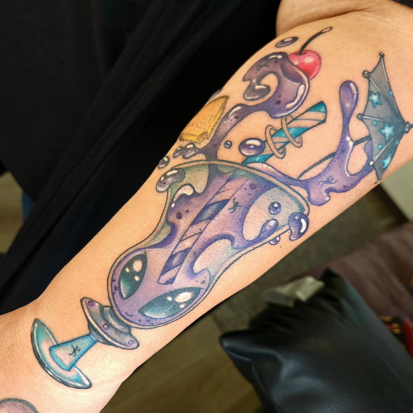 Abstract fluid forms new school tattoo on the forearm by Angell Tattoo Artist, Denver, Colorado