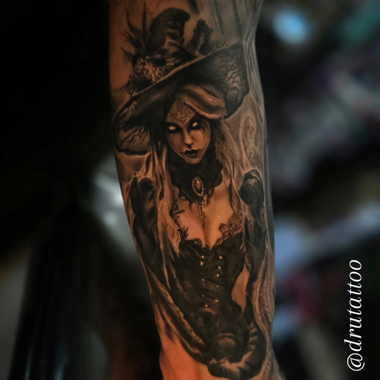 Witch dark realism tattoo on the forearm by Drew Siciliano, Glendale, Arizona