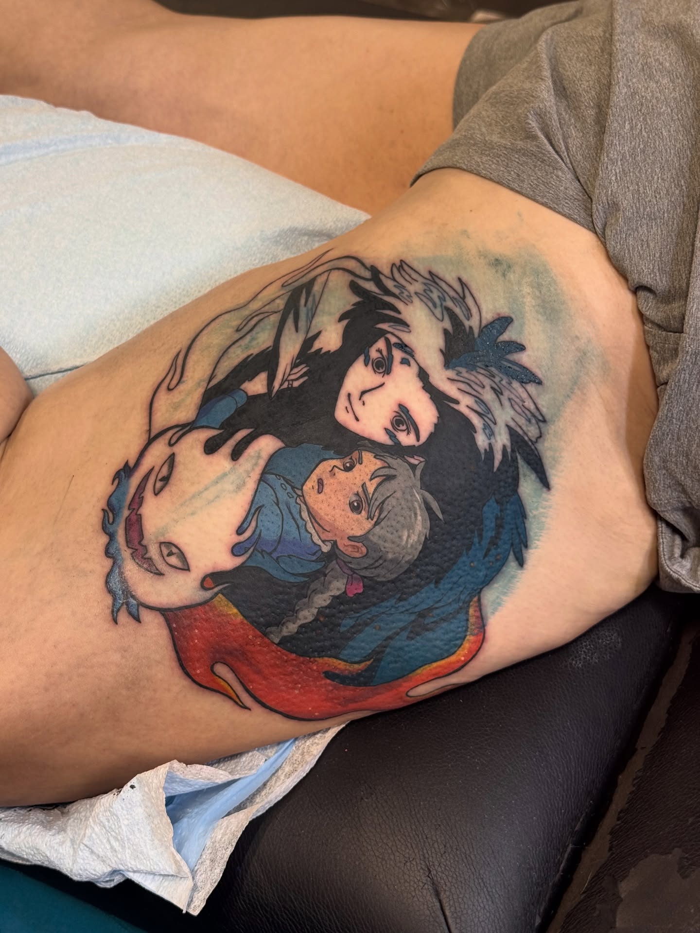 Anime characters anime tattoo on the thigh by Sonder