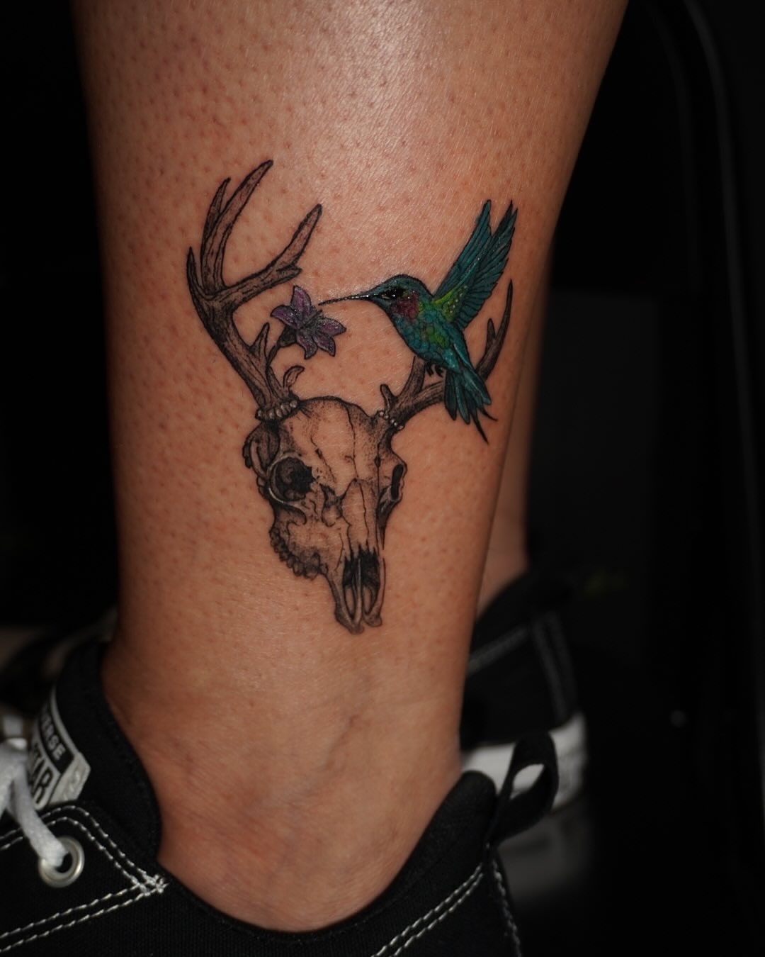 Deer skull and hummingbird realism tattoo on the forearm by Idalia Pulido