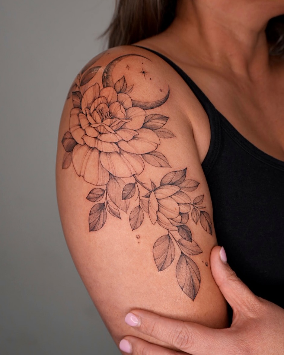 Flower and crescent moon realism tattoo on the shoulder by Hyn[hin]