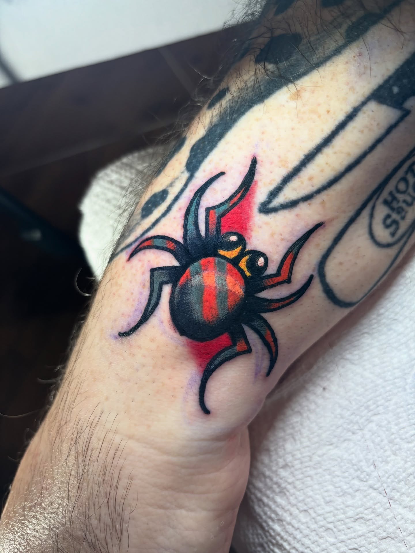 Spider American traditional tattoo on the forearm by Nick