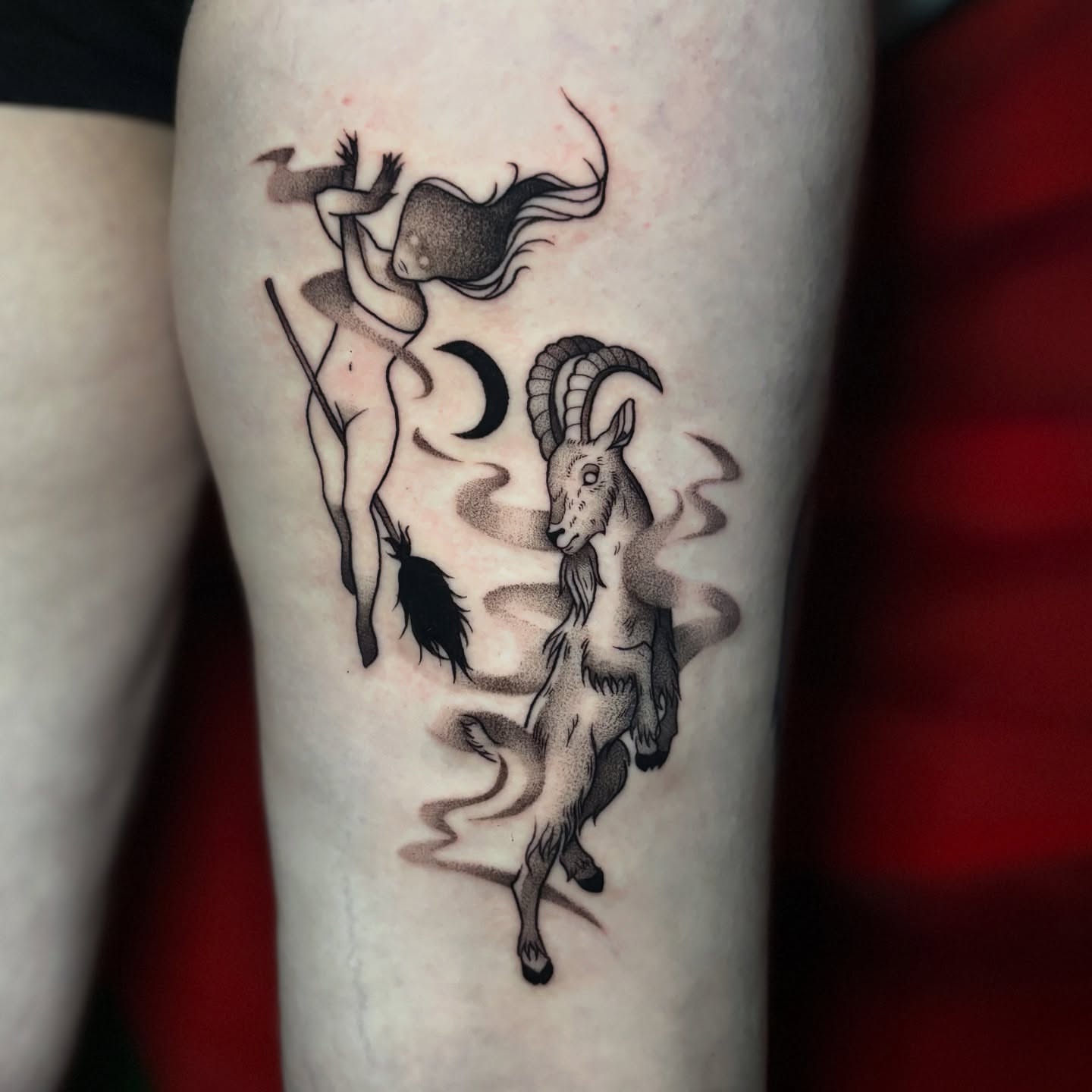 Goat and woman black and grey tattoo on the forearm by 𝕊𝕒𝕞 ☪︎ ִ ࣪𖤐 𐦍 ☾𖤓