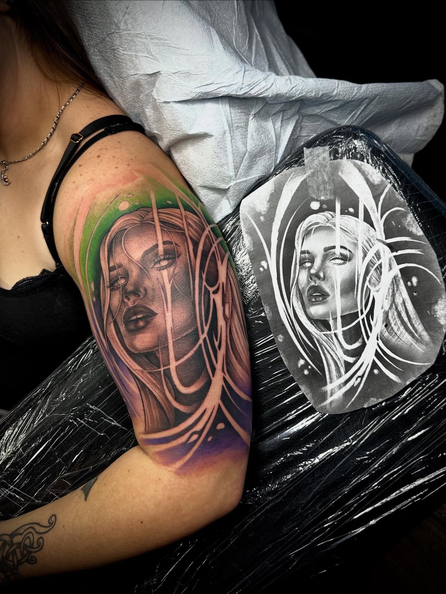 Woman's face realism tattoo on the forearm by Madison Orchard Tattoos