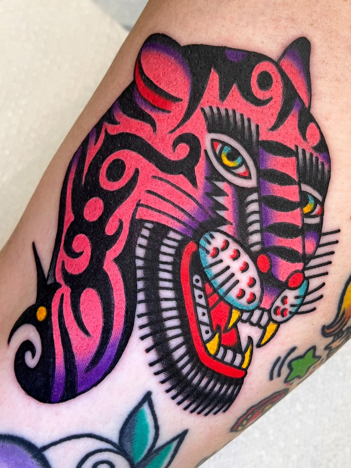 Tiger American traditional tattoo on the forearm by π΅ππππ π¬ππππ
