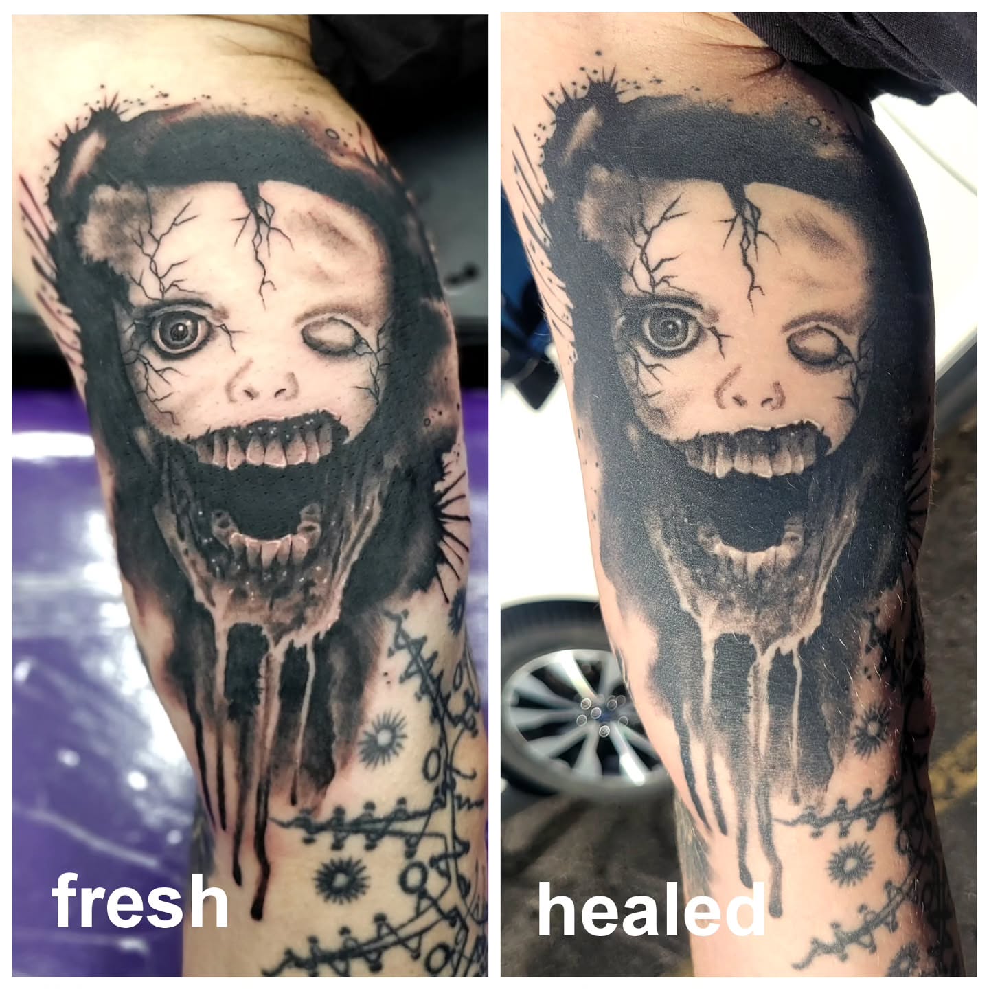 Horror face dark realism tattoo on the forearm by Jentrey McCausland