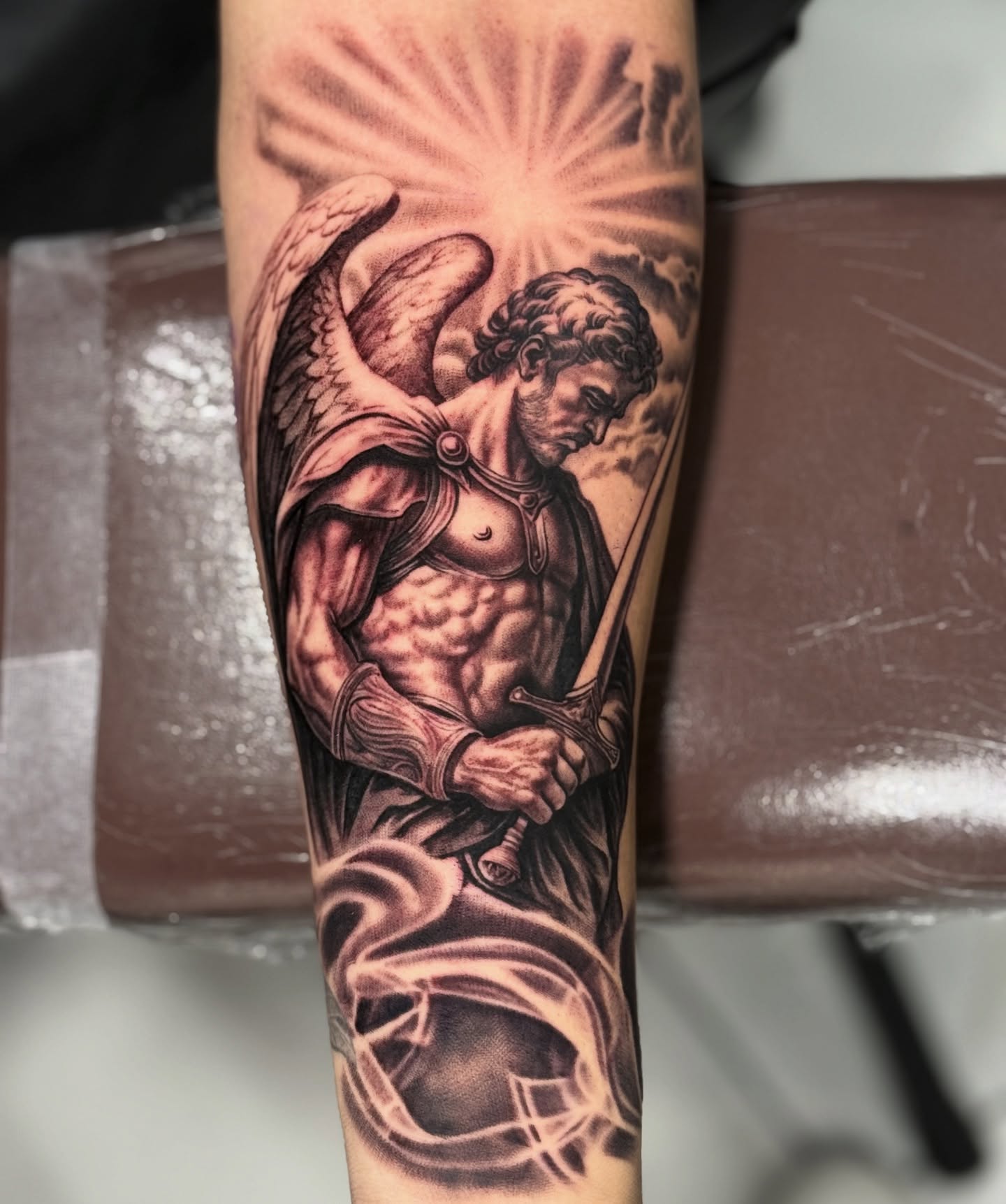 Angel warrior realism tattoo on the forearm by Sergio Mendez