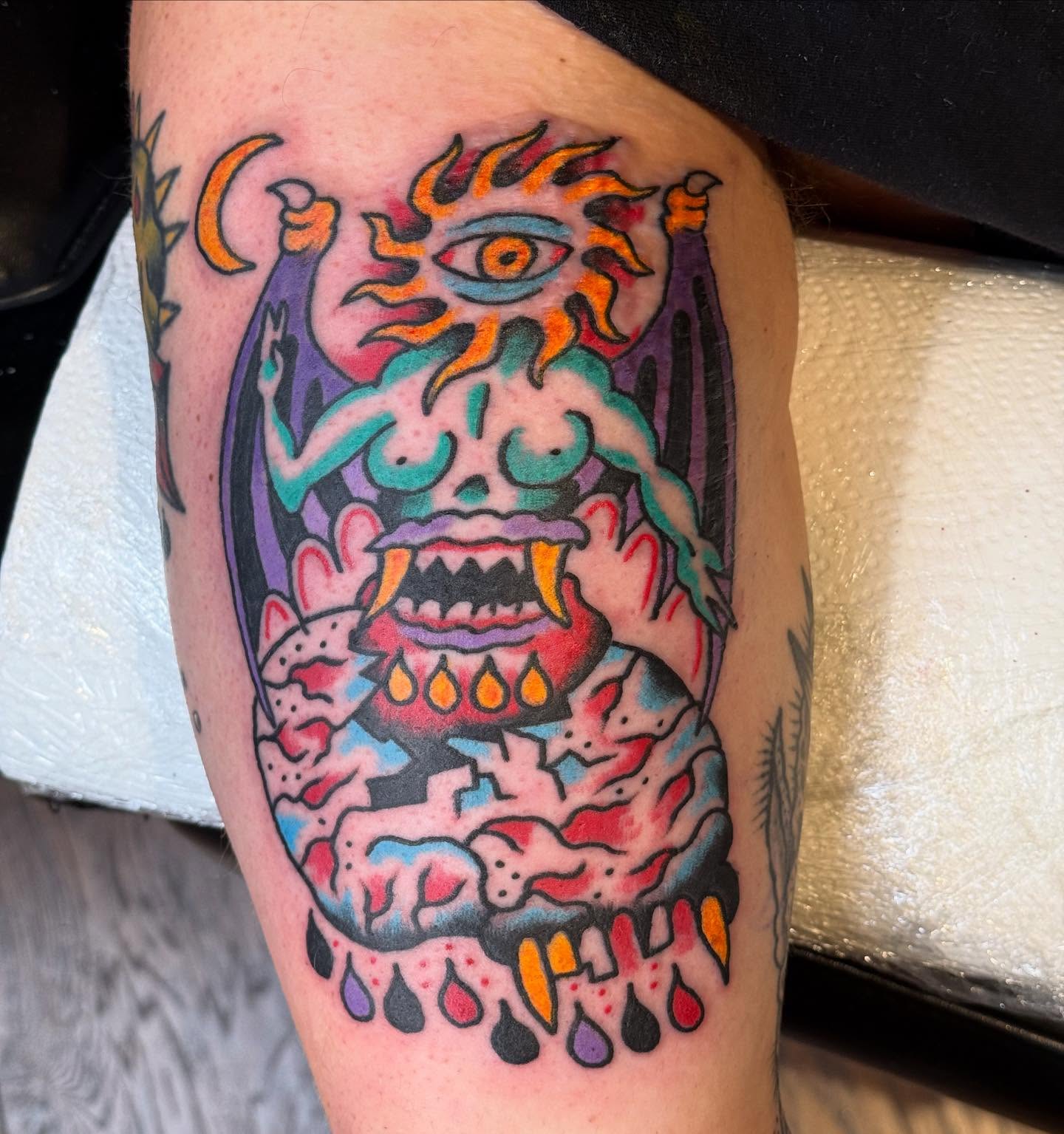 Demon American traditional tattoo on the thigh by Joe Truck