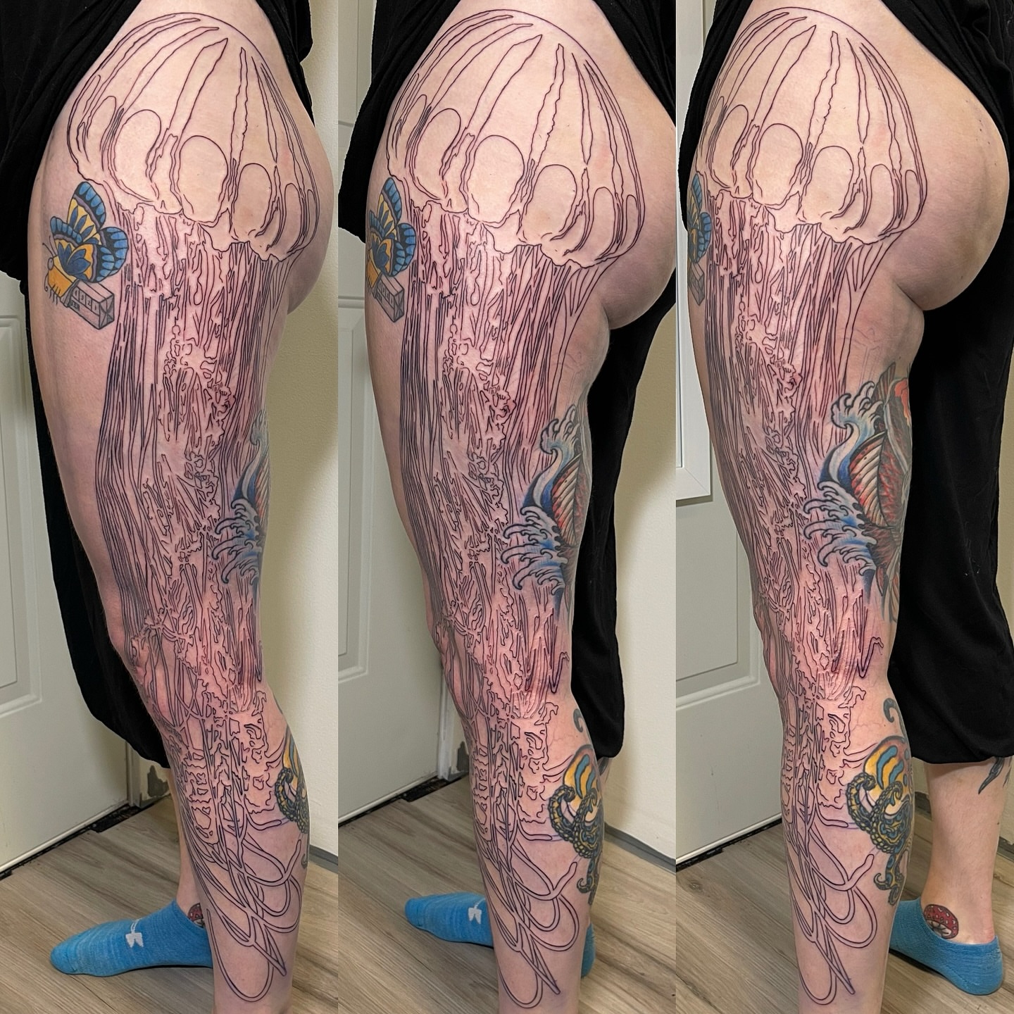 Jellyfish dotwork tattoo on the thigh by Ashley Antolin