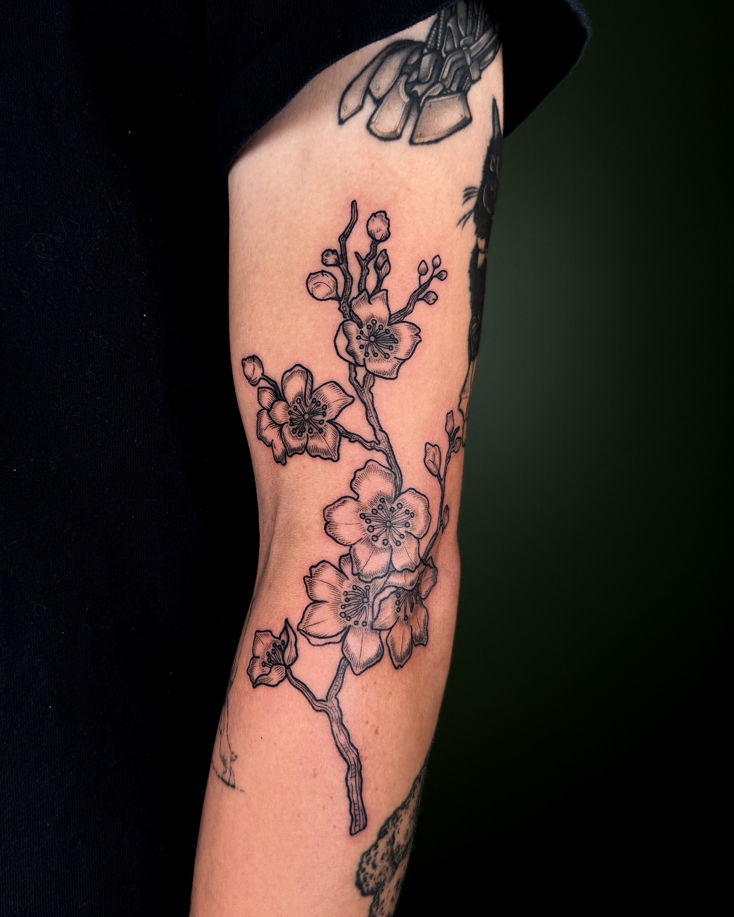 Cherry blossom branch black and grey tattoo on the forearm by Zella Mäkelä