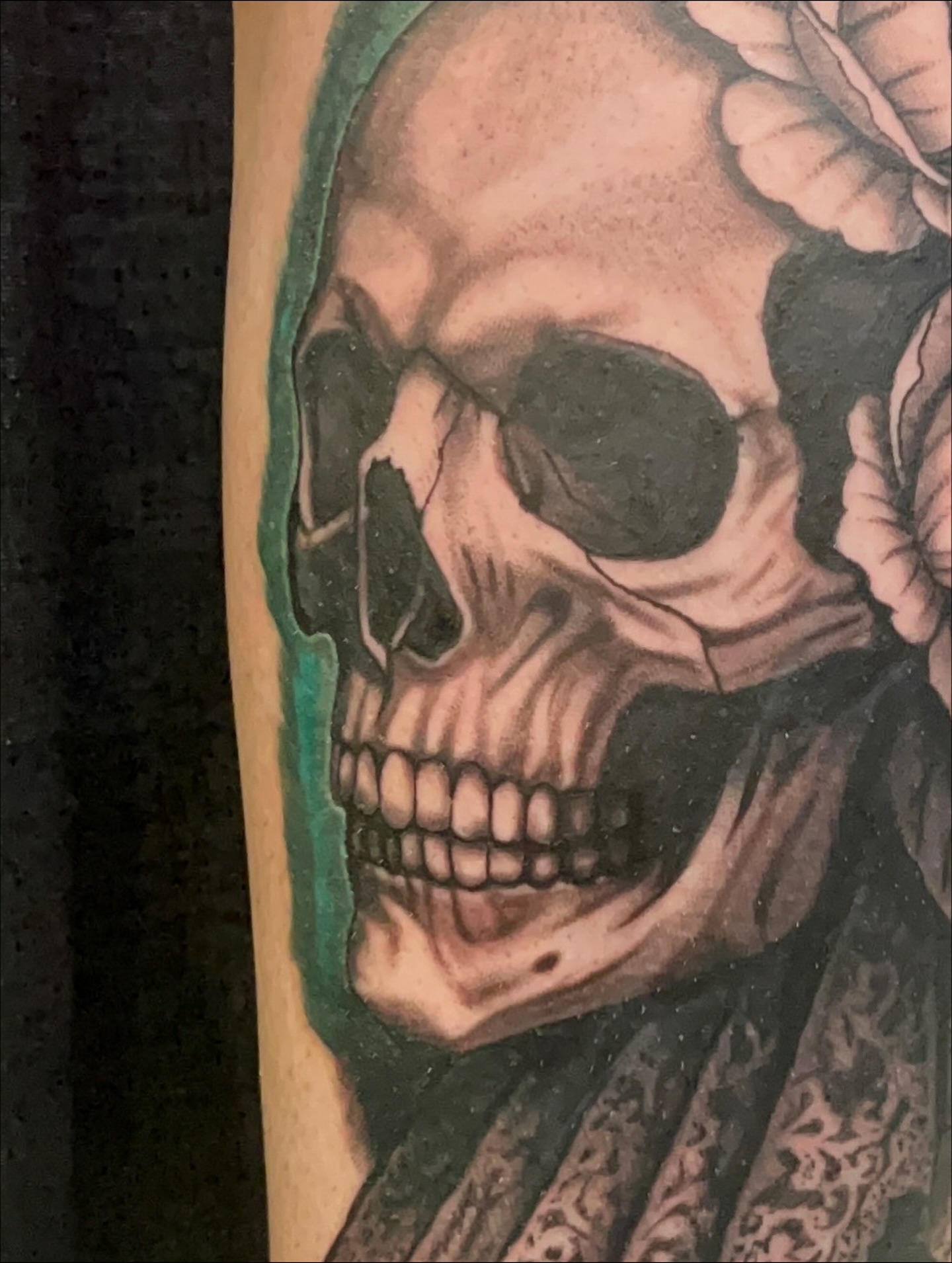 Skull realism tattoo on the forearm by Ryan Hindenach