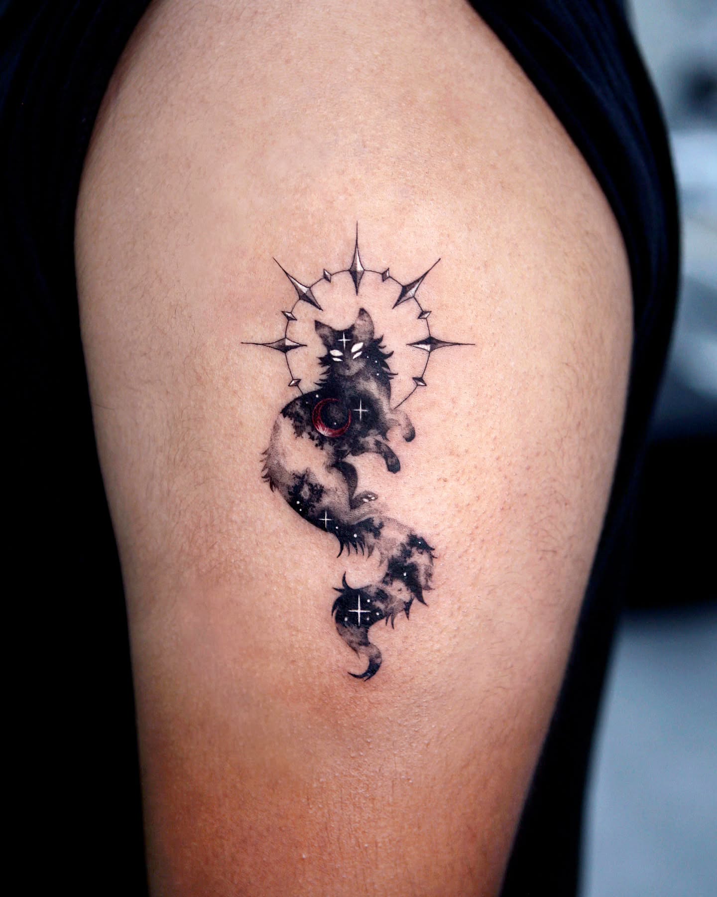 Cat dotwork tattoo on the thigh by danha_seoul tattooist