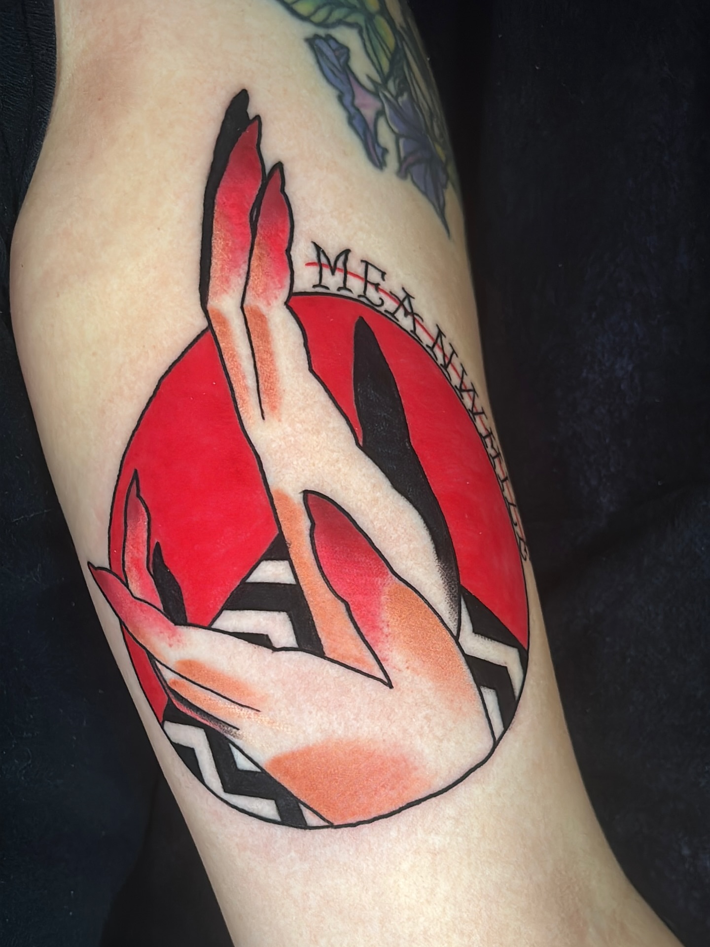 Peace sign American traditional tattoo on the forearm by Latesha Burnley