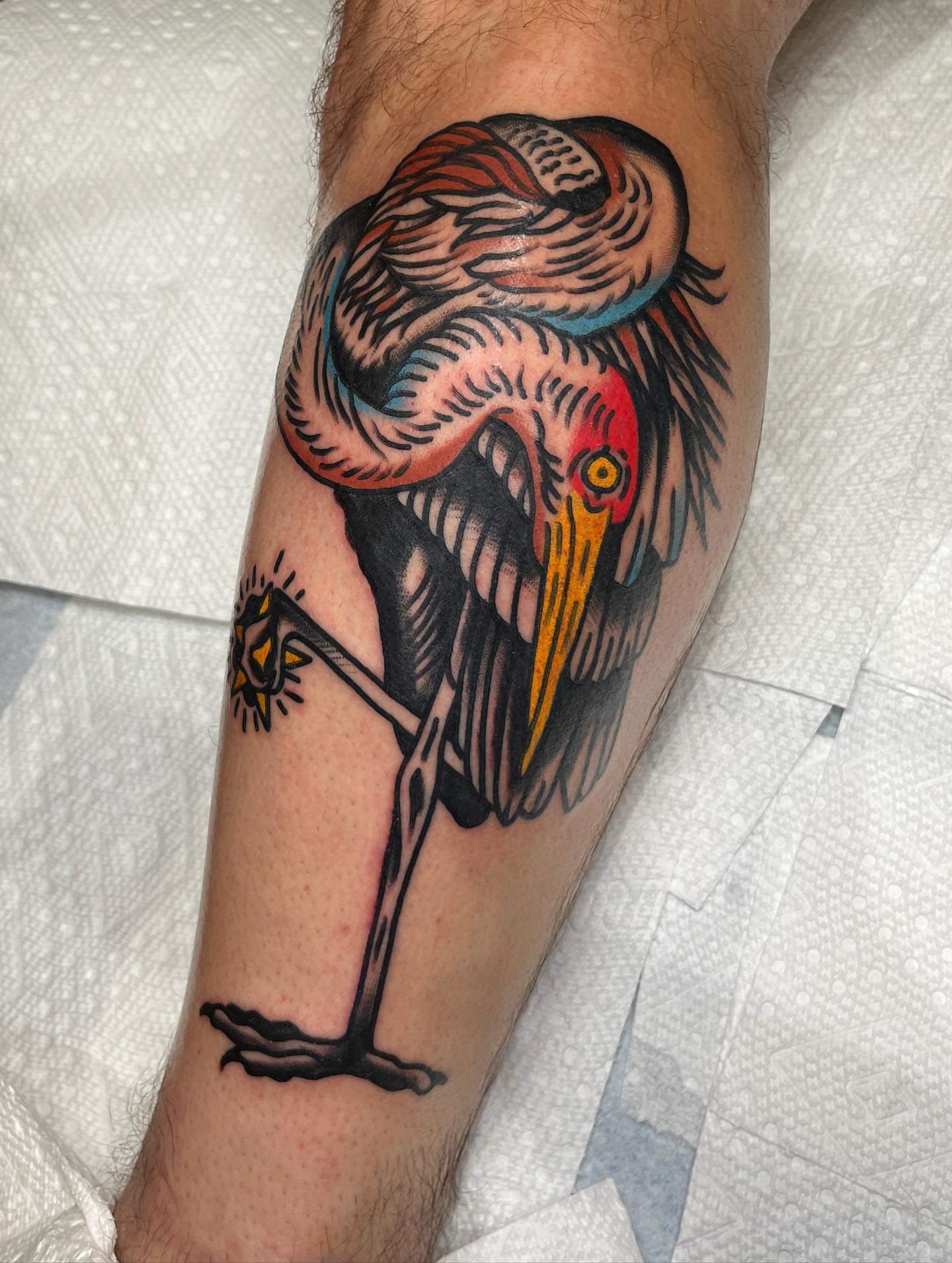 Heron American traditional tattoo on the forearm by Charlie Ostrom, Durham, North Carolina