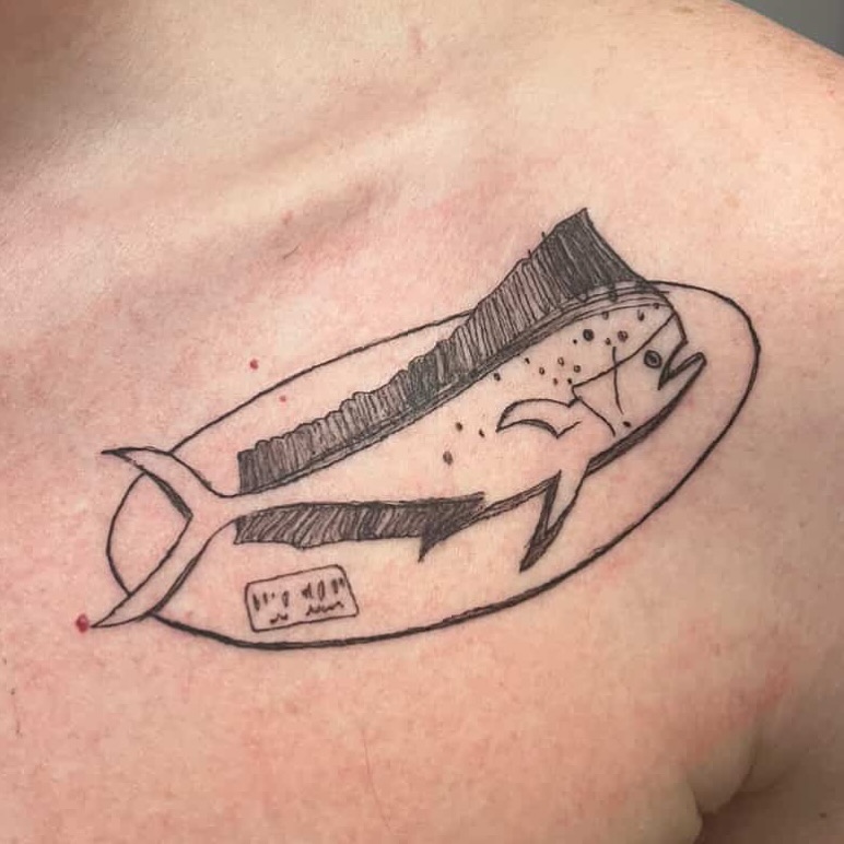 Dolphin black and grey tattoo on the back by Matt Tripodi