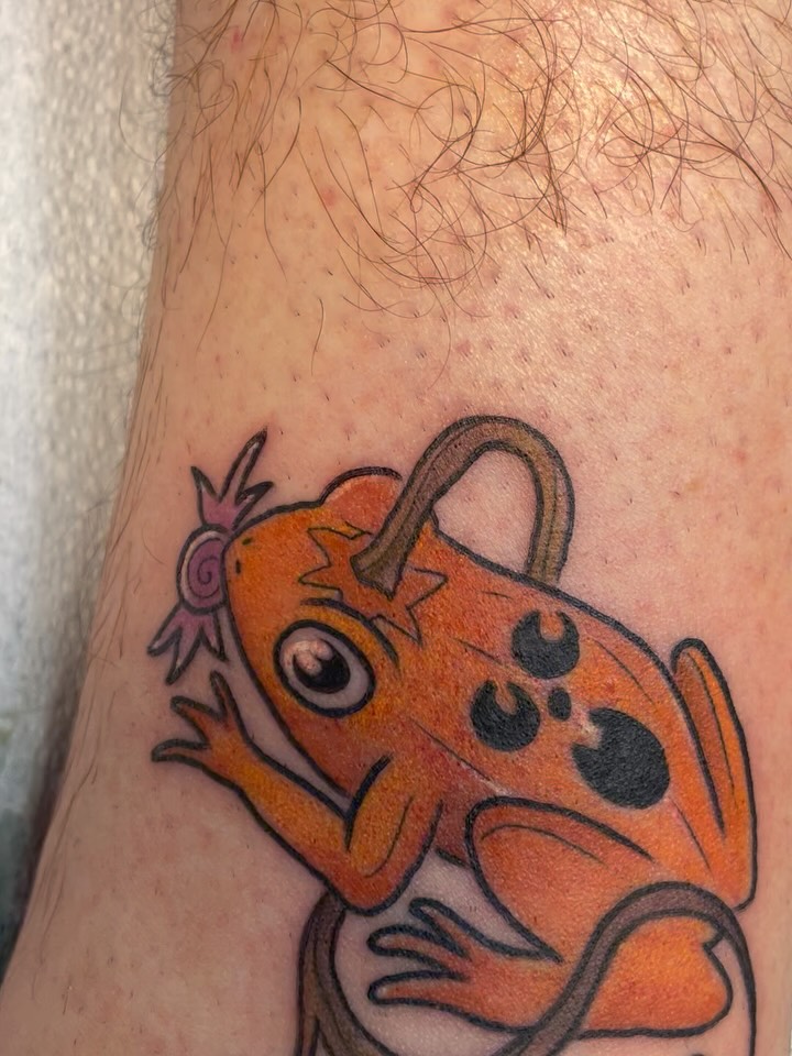 Frog American traditional tattoo on the forearm by Stevie Timmreck, Utica, Michigan