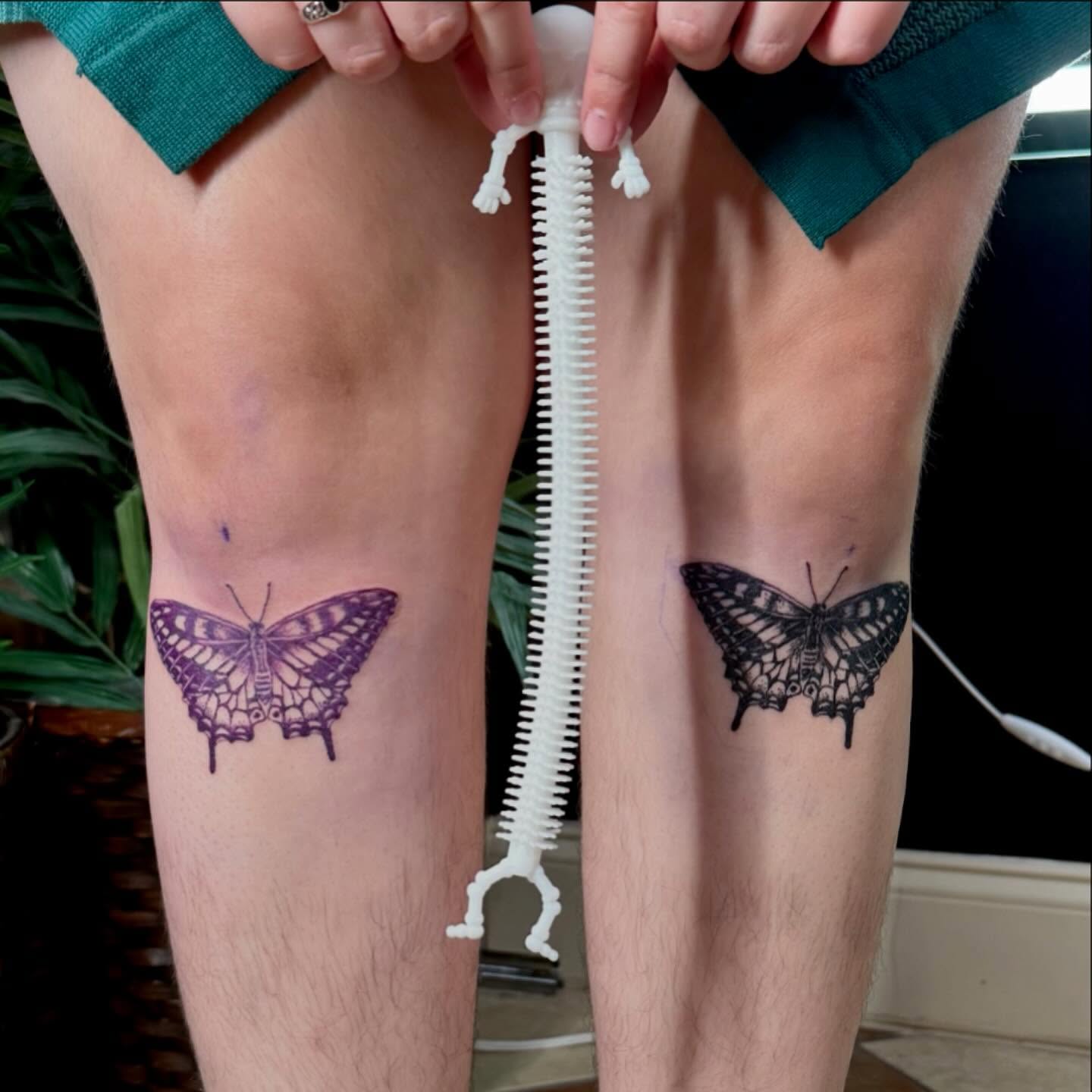 Butterfly black and grey tattoo on the leg by Nina Rush