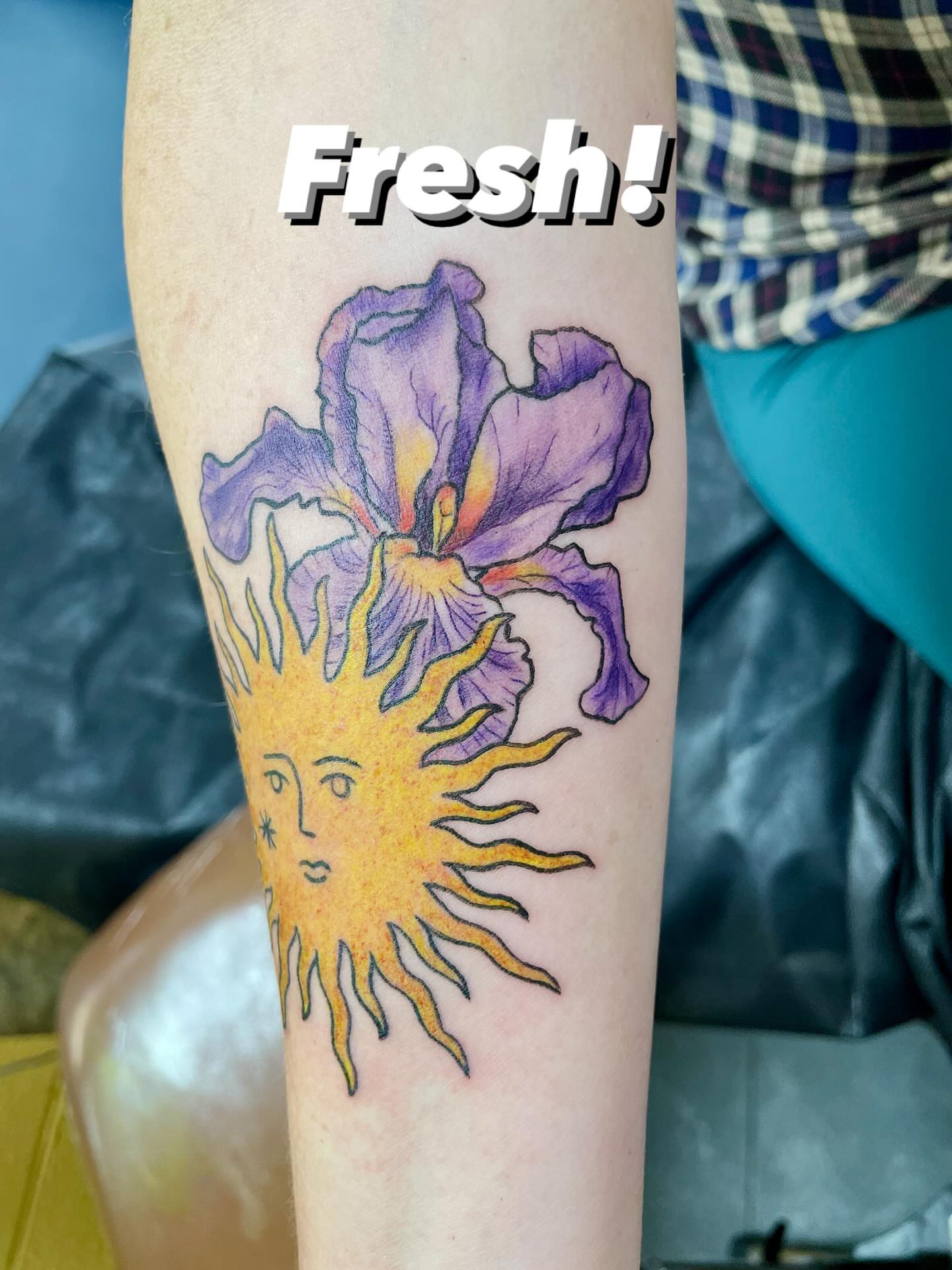 Iris and sun new school tattoo on the forearm by ๐ท๐ซKevan๐๐ท
