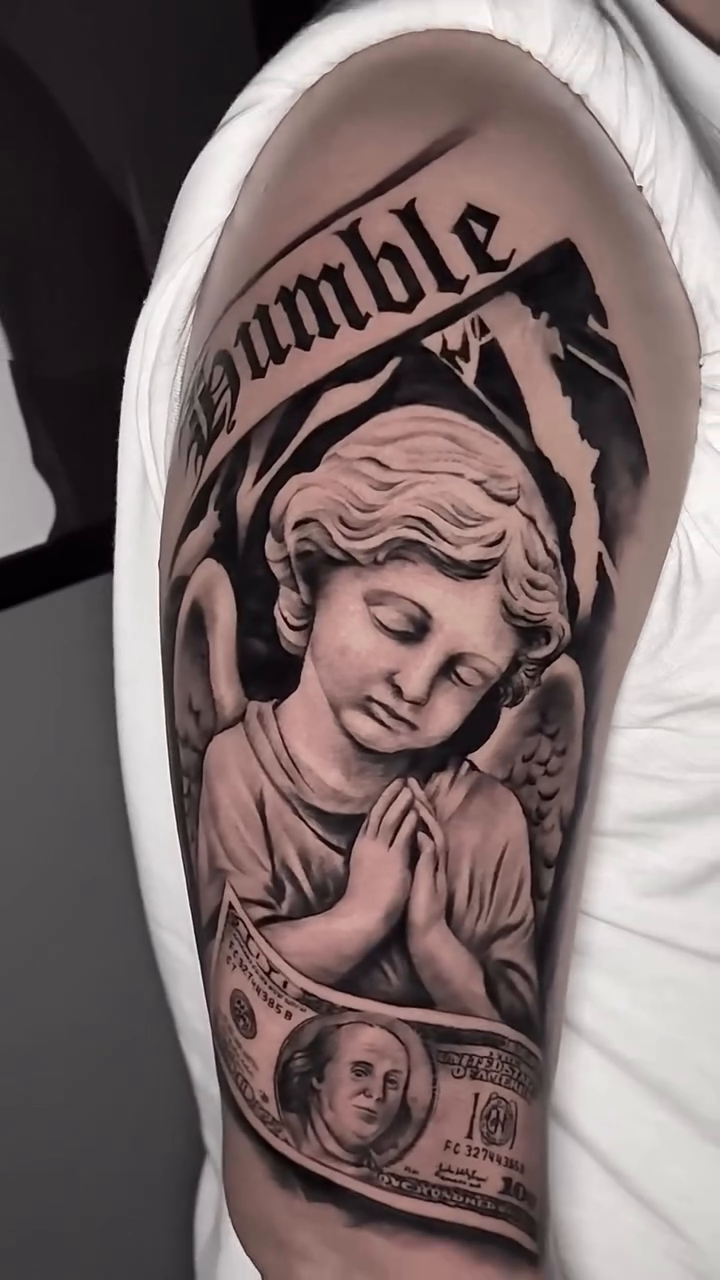 Angel with money and mountains realism tattoo by INK with KIRON 🇳🇵 🇺🇸DTX, Dallas, Texas